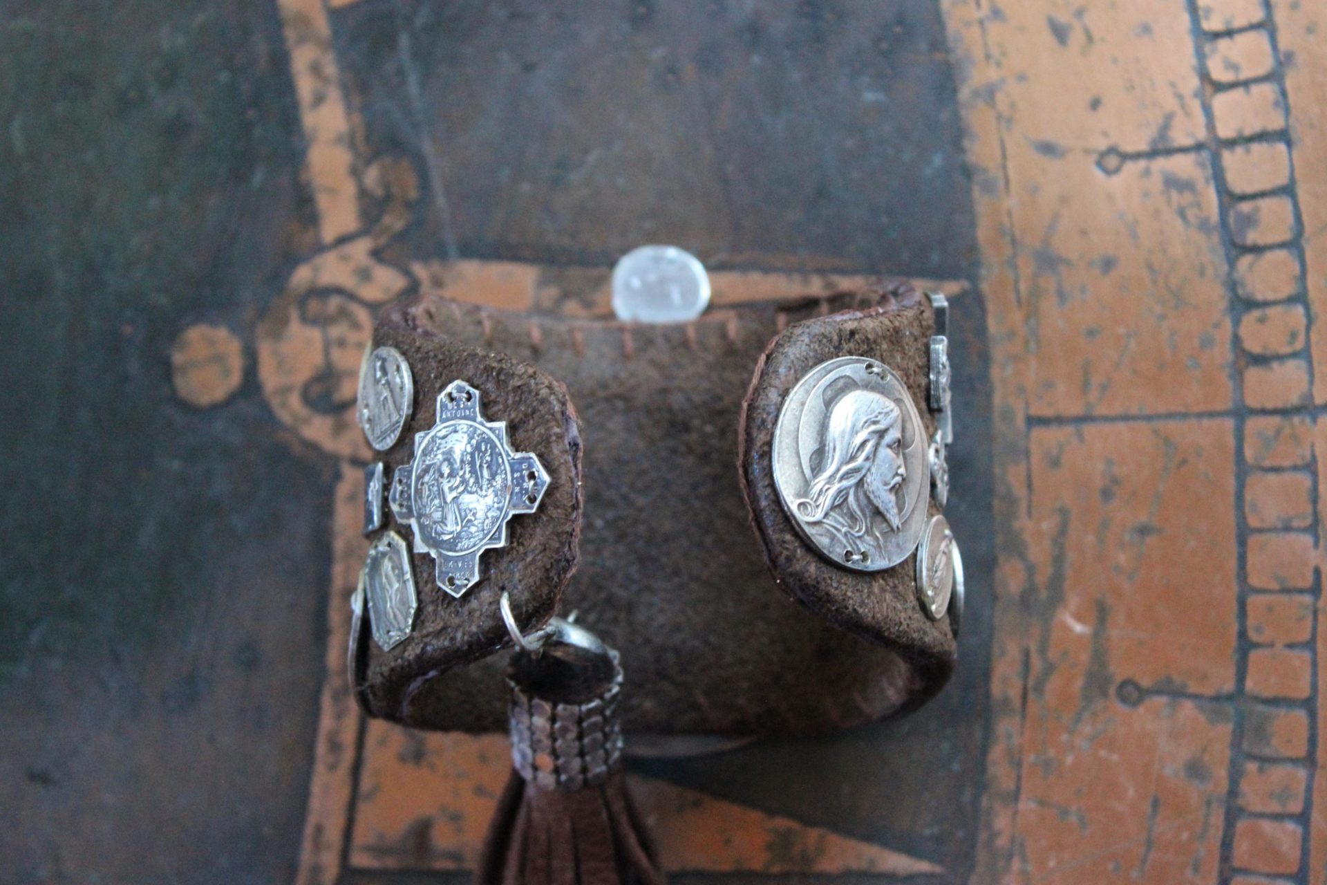 The Milagro Cuff Bracelet with Distressed Leather, 16 Antique & Vintage Crosses and Medals and Leather Tassel
