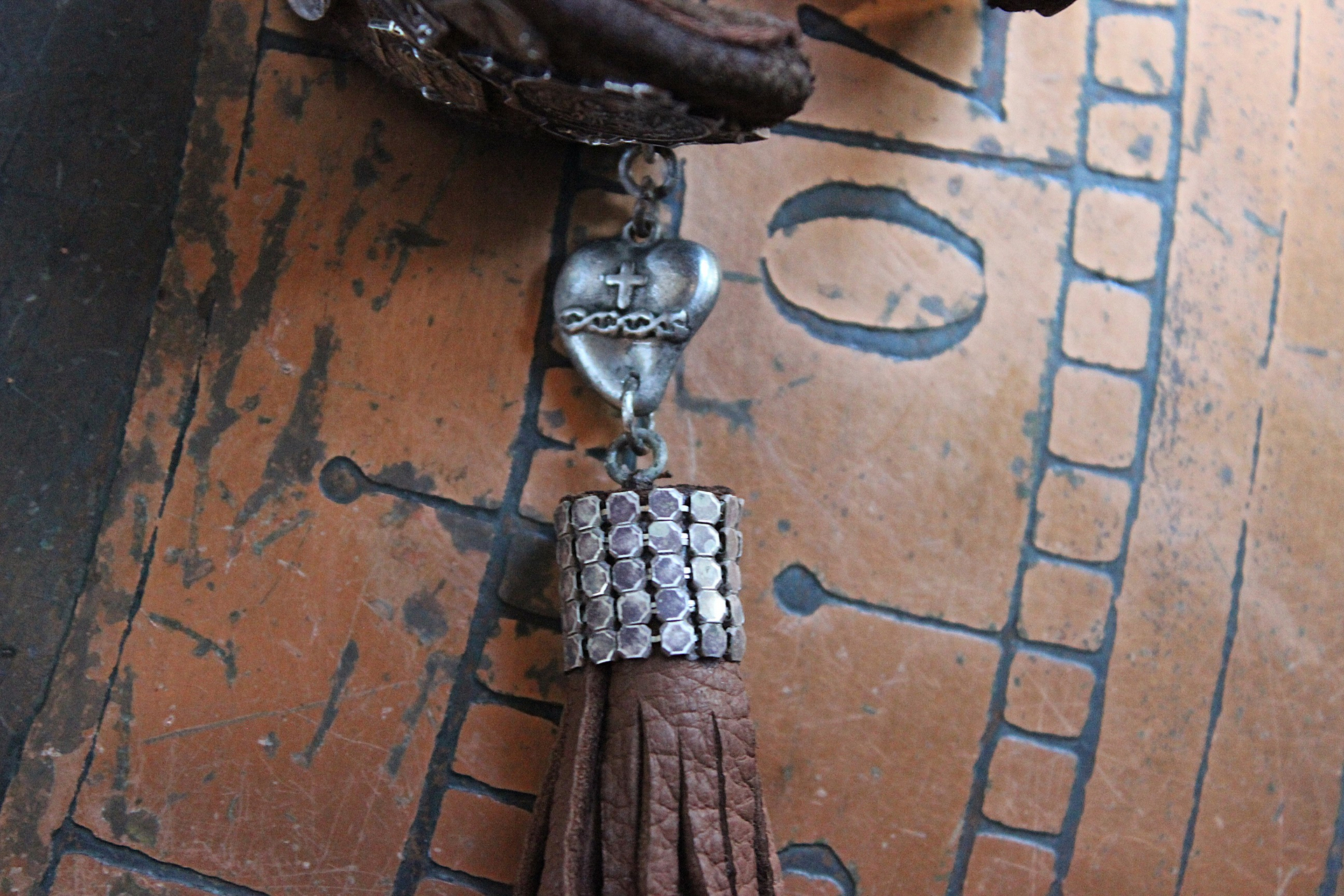 The Milagro Cuff Bracelet with Distressed Leather, 16 Antique & Vintage Crosses and Medals and Leather Tassel