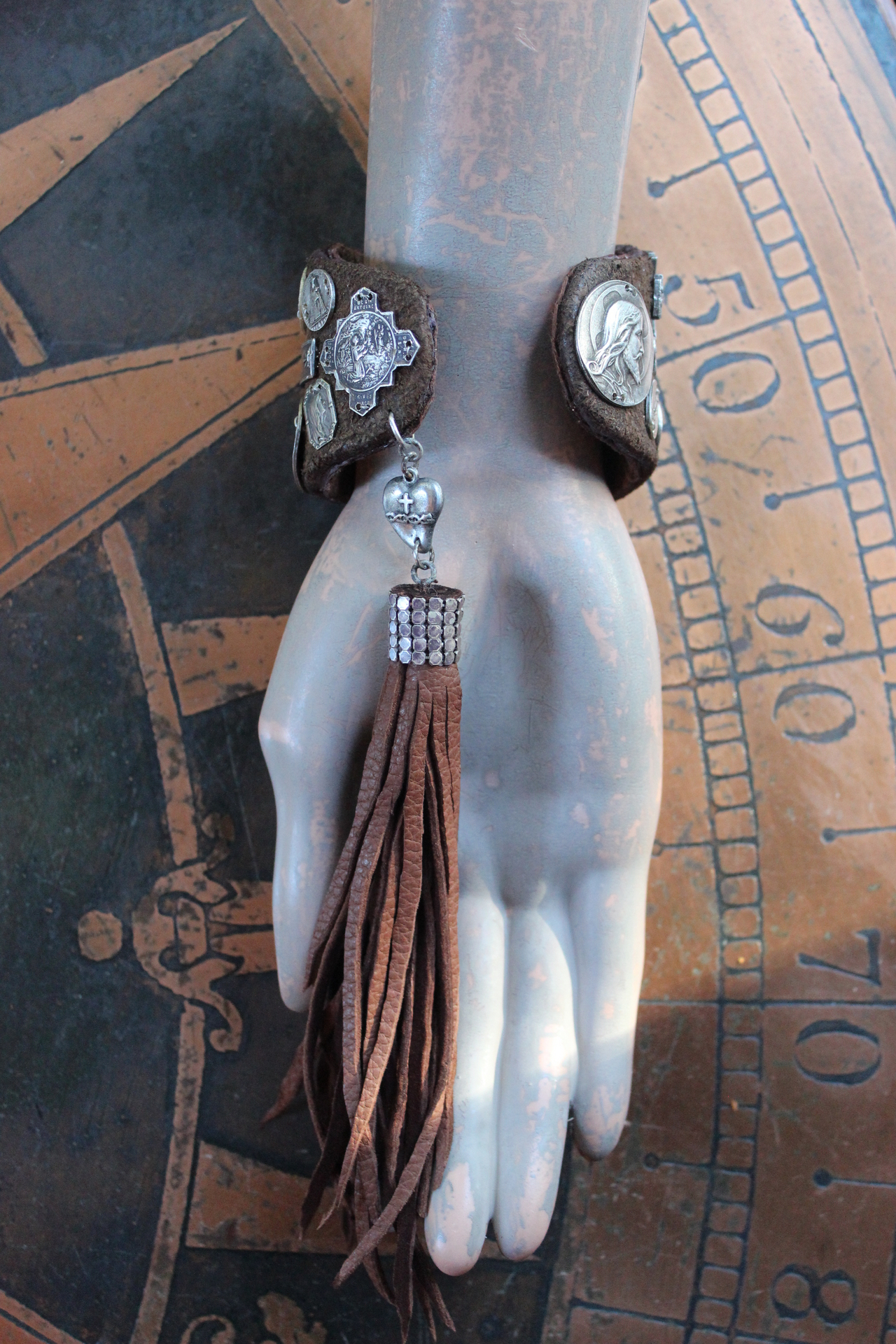 The Milagro Cuff Bracelet with Distressed Leather, 16 Antique & Vintage Crosses and Medals and Leather Tassel