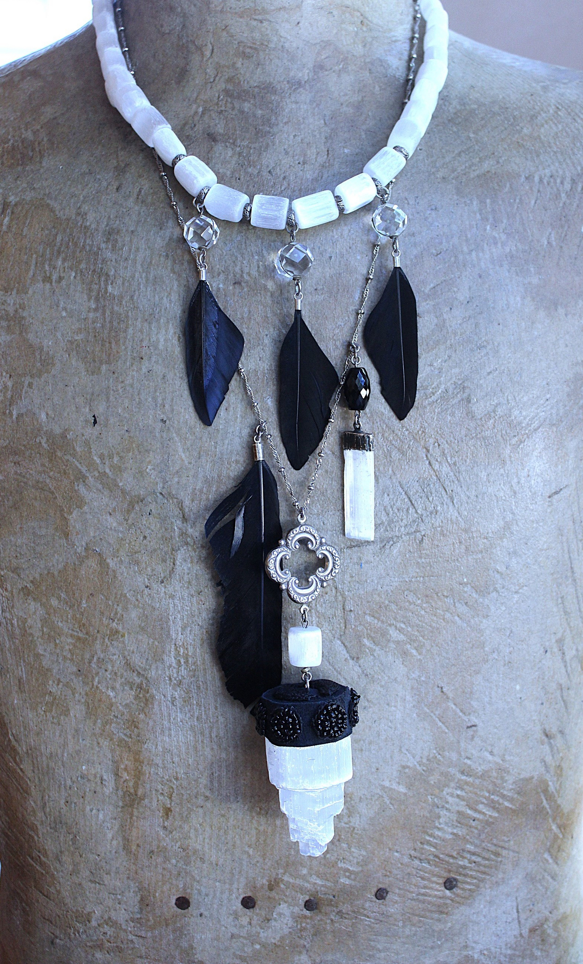 NEW! The Raven and the Moon Necklace Set w/Hand Polished Selenite Beads,Antique Faceted Rock Crystal Pools of Light Connectors