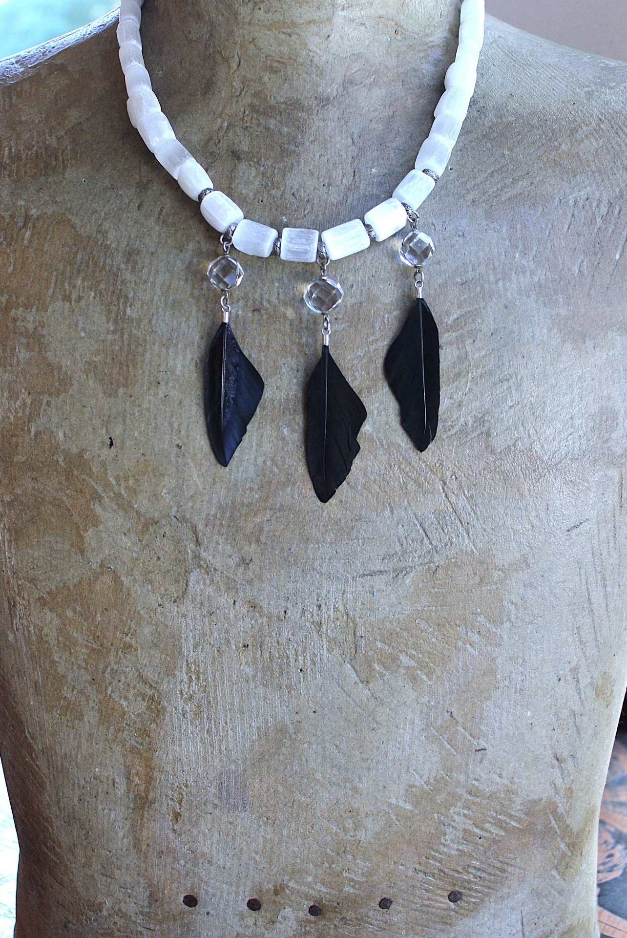 NEW! The Raven and the Moon Necklace Set w/Hand Polished Selenite Beads,Antique Faceted Rock Crystal Pools of Light Connectors