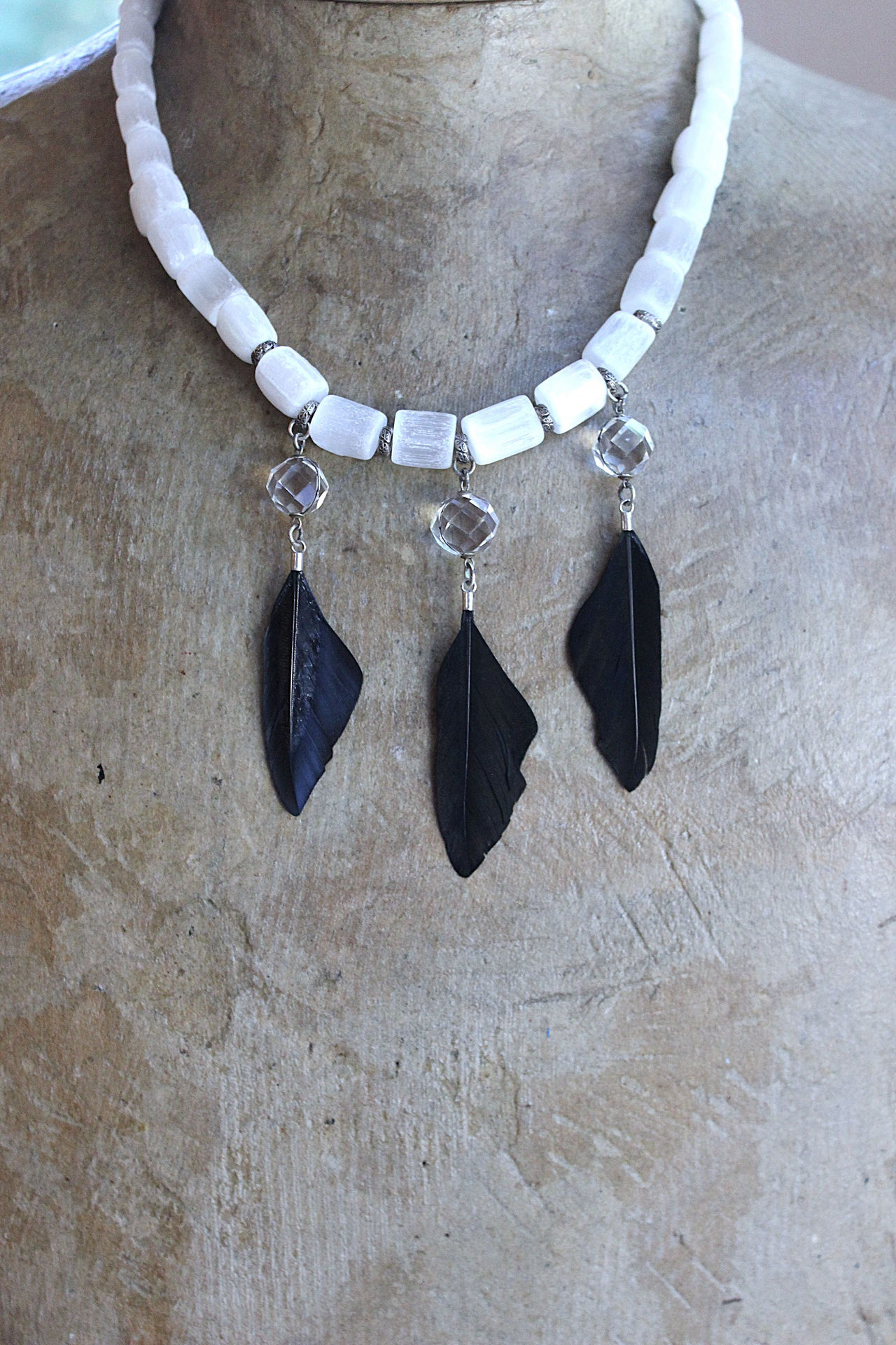 NEW! The Raven and the Moon Necklace Set w/Hand Polished Selenite Beads,Antique Faceted Rock Crystal Pools of Light Connectors