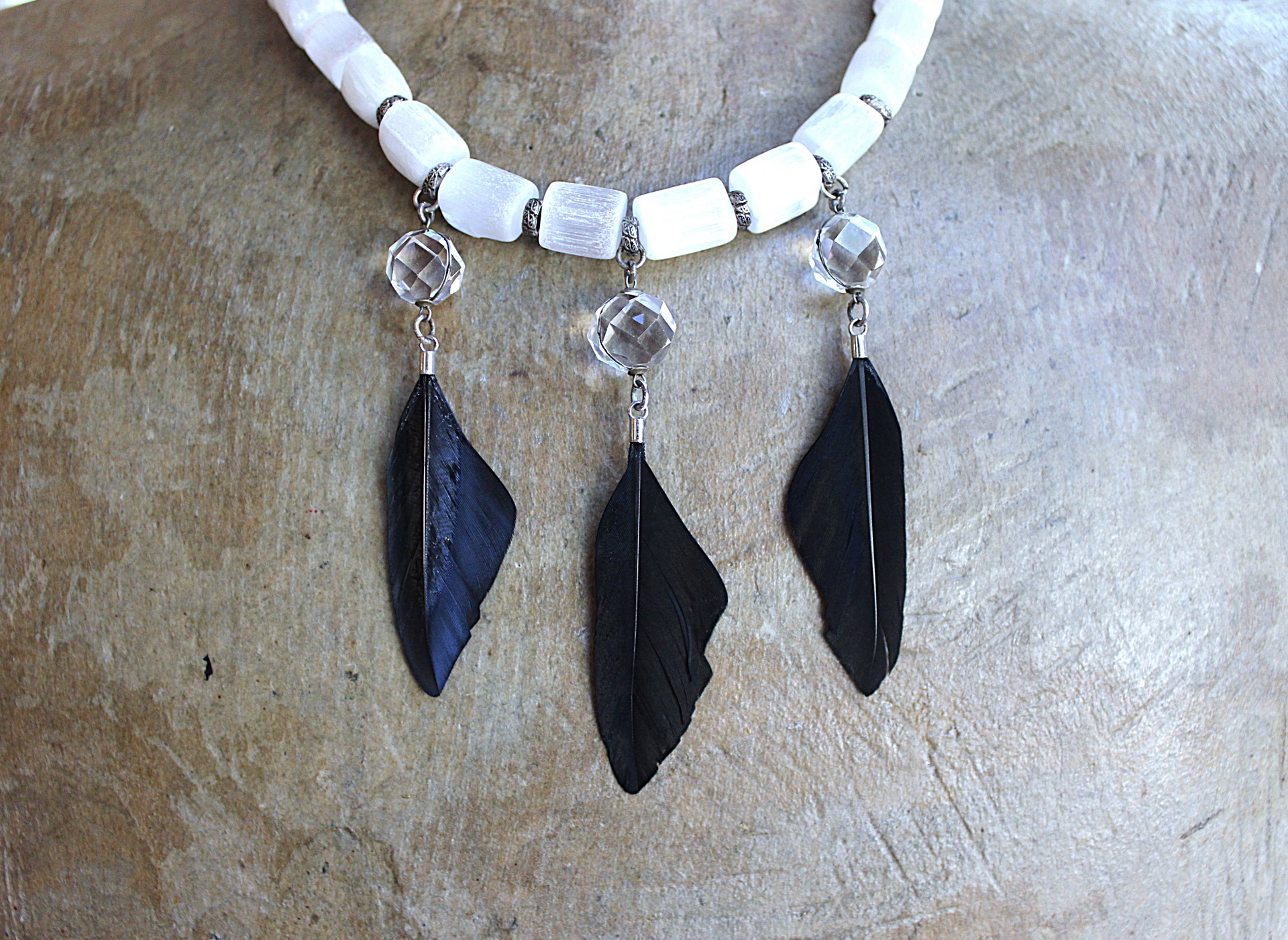 NEW! The Raven and the Moon Necklace Set w/Hand Polished Selenite Beads,Antique Faceted Rock Crystal Pools of Light Connectors