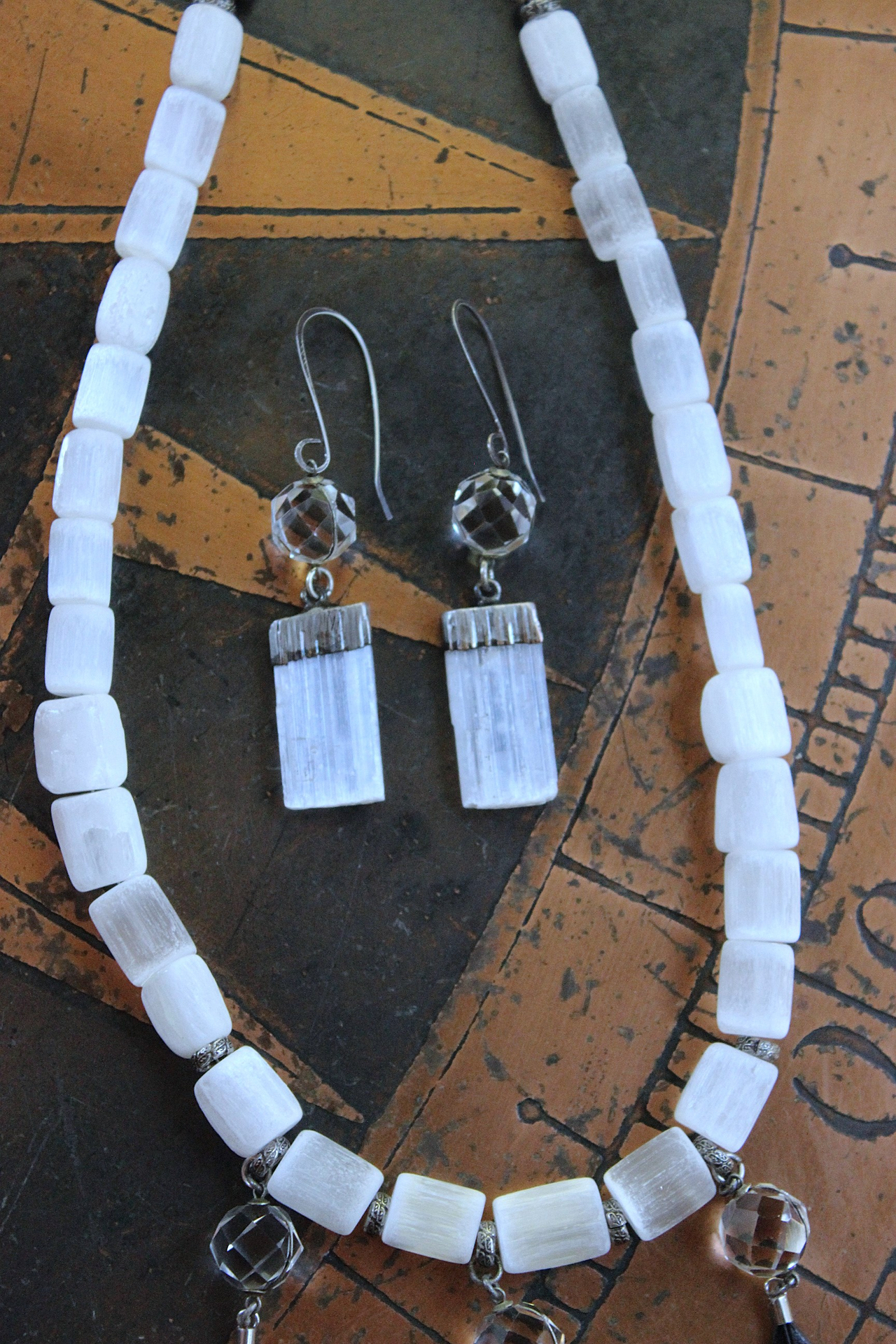 NEW! The Raven and the Moon Necklace Set w/Hand Polished Selenite Beads,Antique Faceted Rock Crystal Pools of Light Connectors