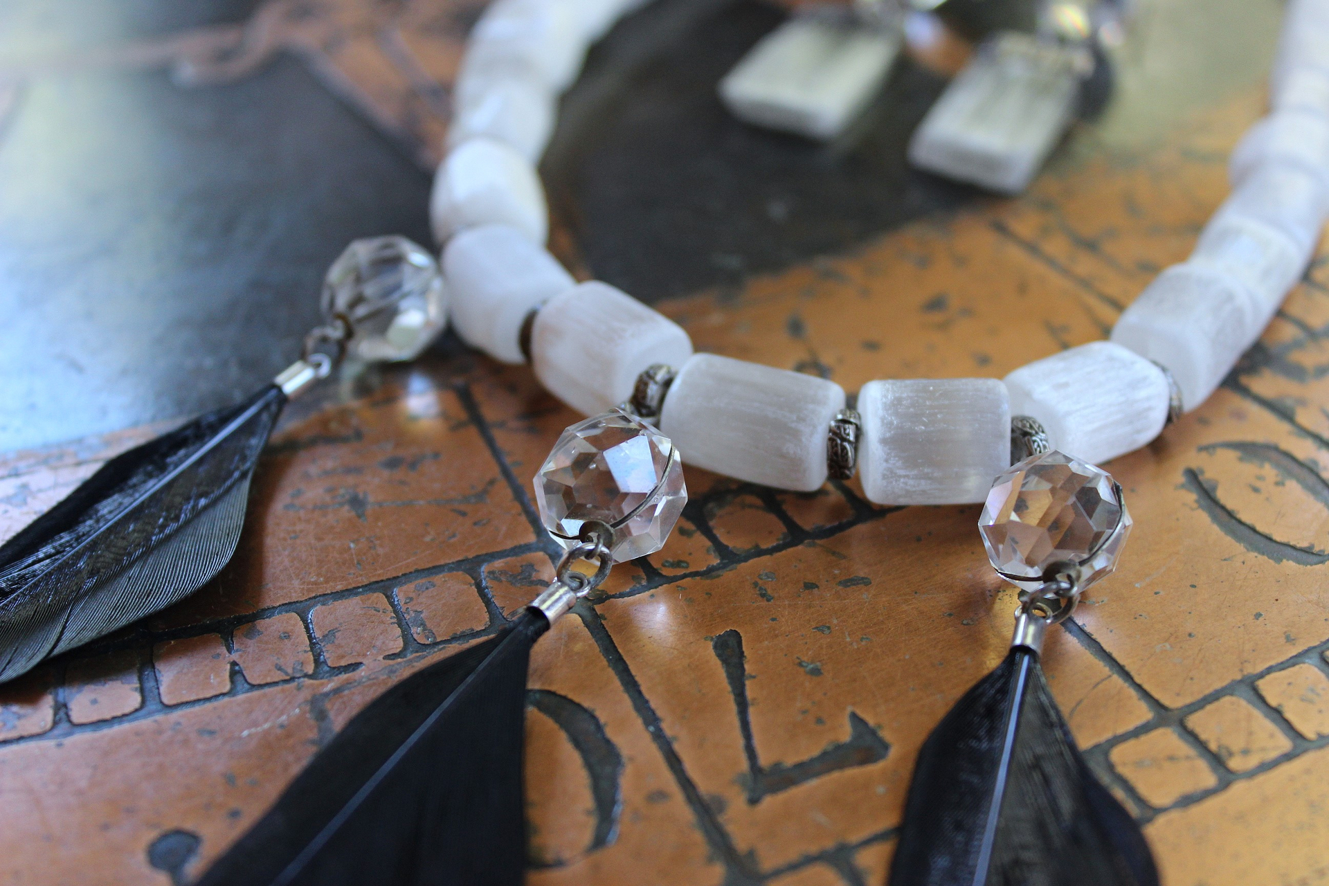 NEW! The Raven and the Moon Necklace Set w/Hand Polished Selenite Beads,Antique Faceted Rock Crystal Pools of Light Connectors