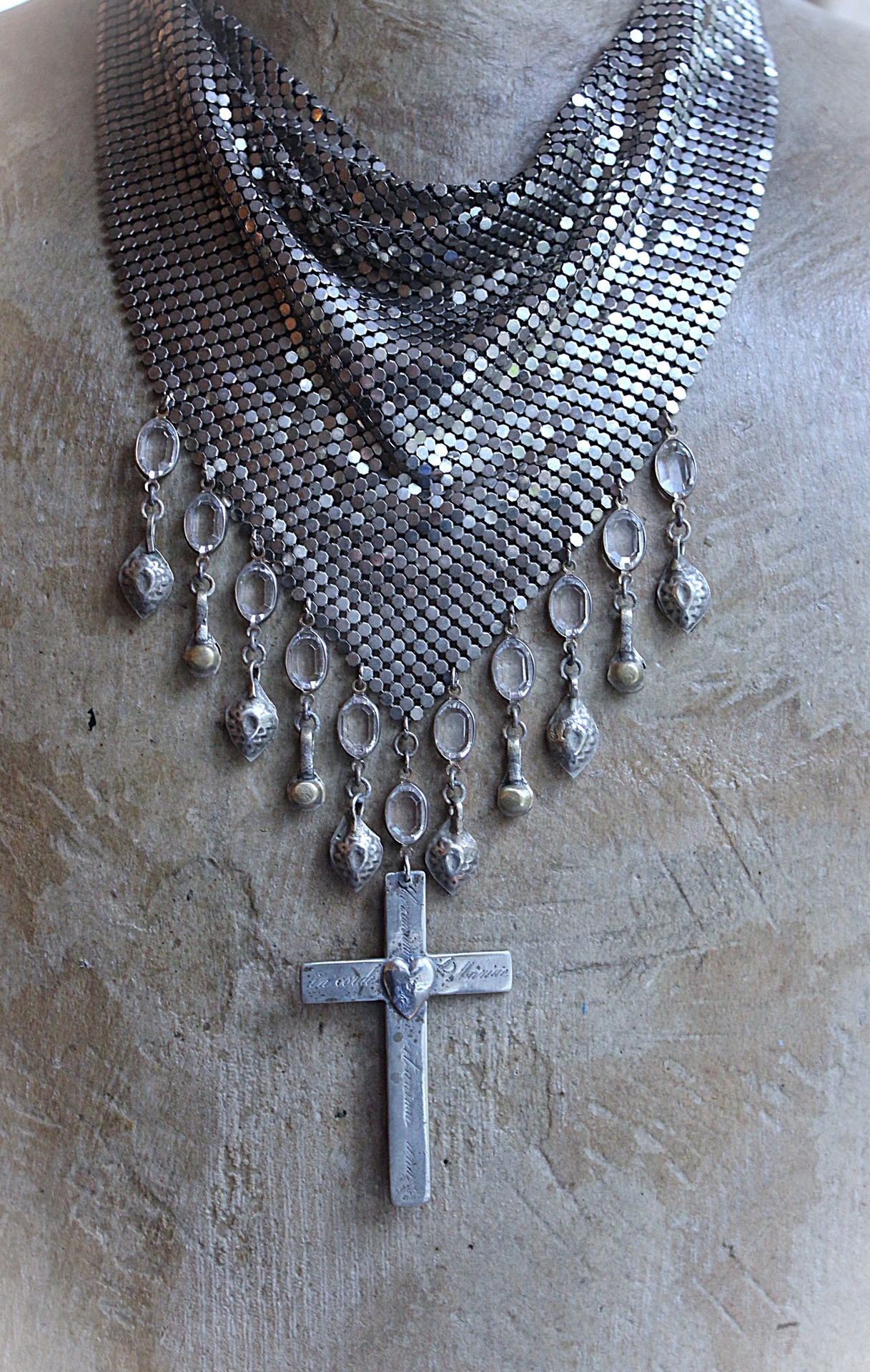One Heart One Soul Necklace with Antique French Engraved Sacred Heart Cross,Antique Silver W & D Mesh Scarf,Bezel Oval Crystals & More!