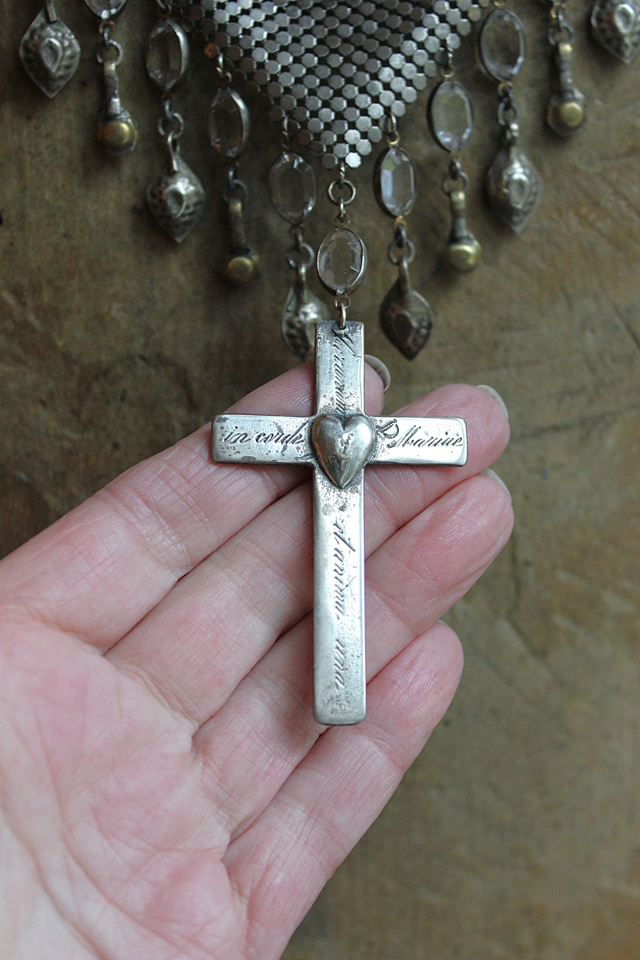One Heart One Soul Necklace with Antique French Engraved Sacred Heart Cross,Antique Silver W & D Mesh Scarf,Bezel Oval Crystals & More!