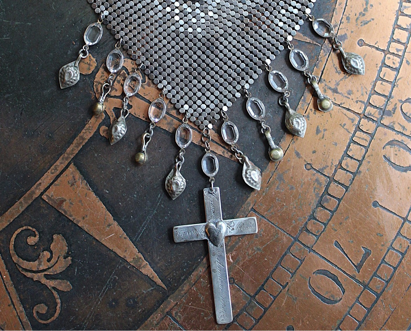 One Heart One Soul Necklace with Antique French Engraved Sacred Heart Cross,Antique Silver W & D Mesh Scarf,Bezel Oval Crystals & More!
