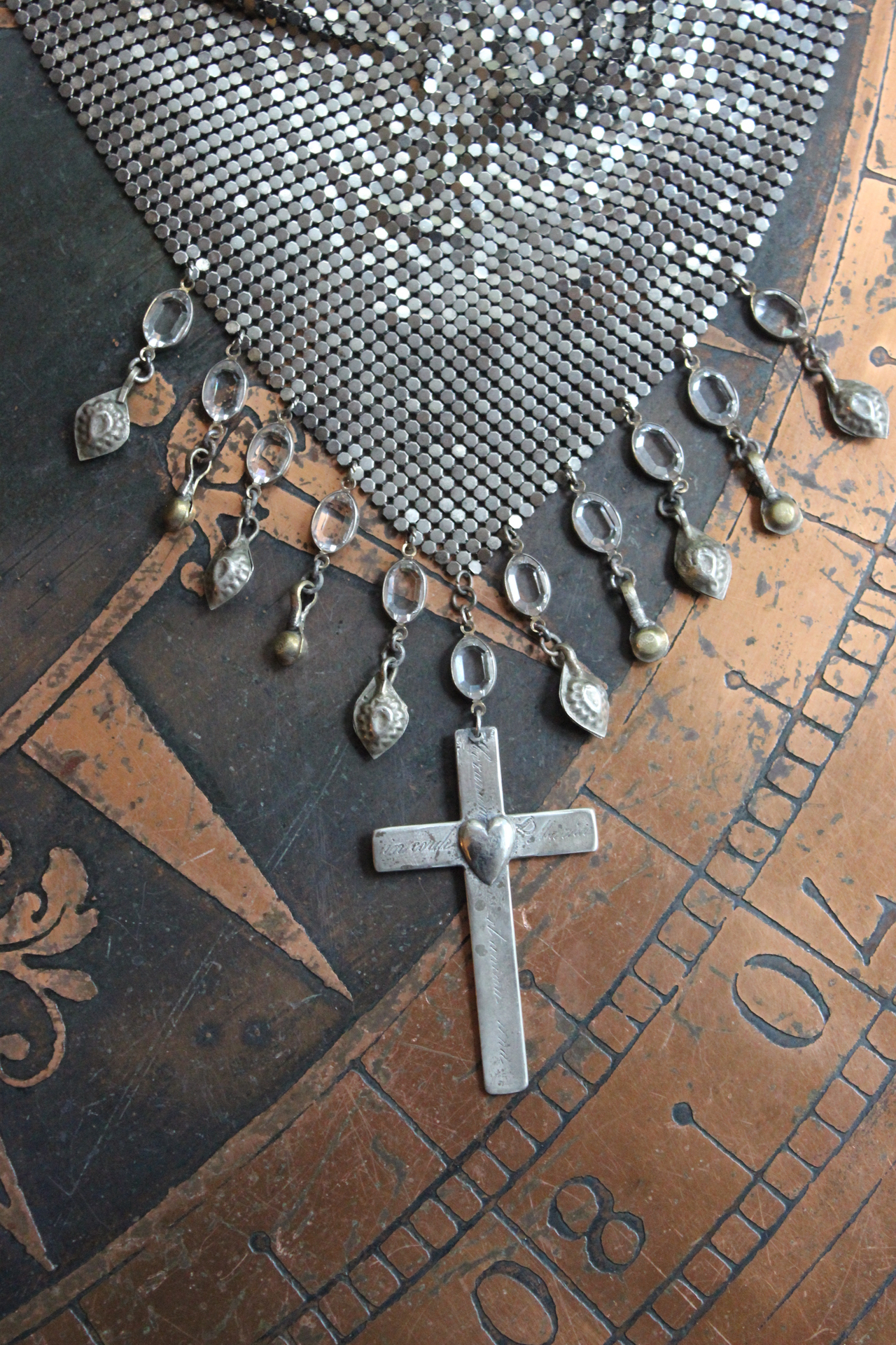 One Heart One Soul Necklace with Antique French Engraved Sacred Heart Cross,Antique Silver W & D Mesh Scarf,Bezel Oval Crystals & More!