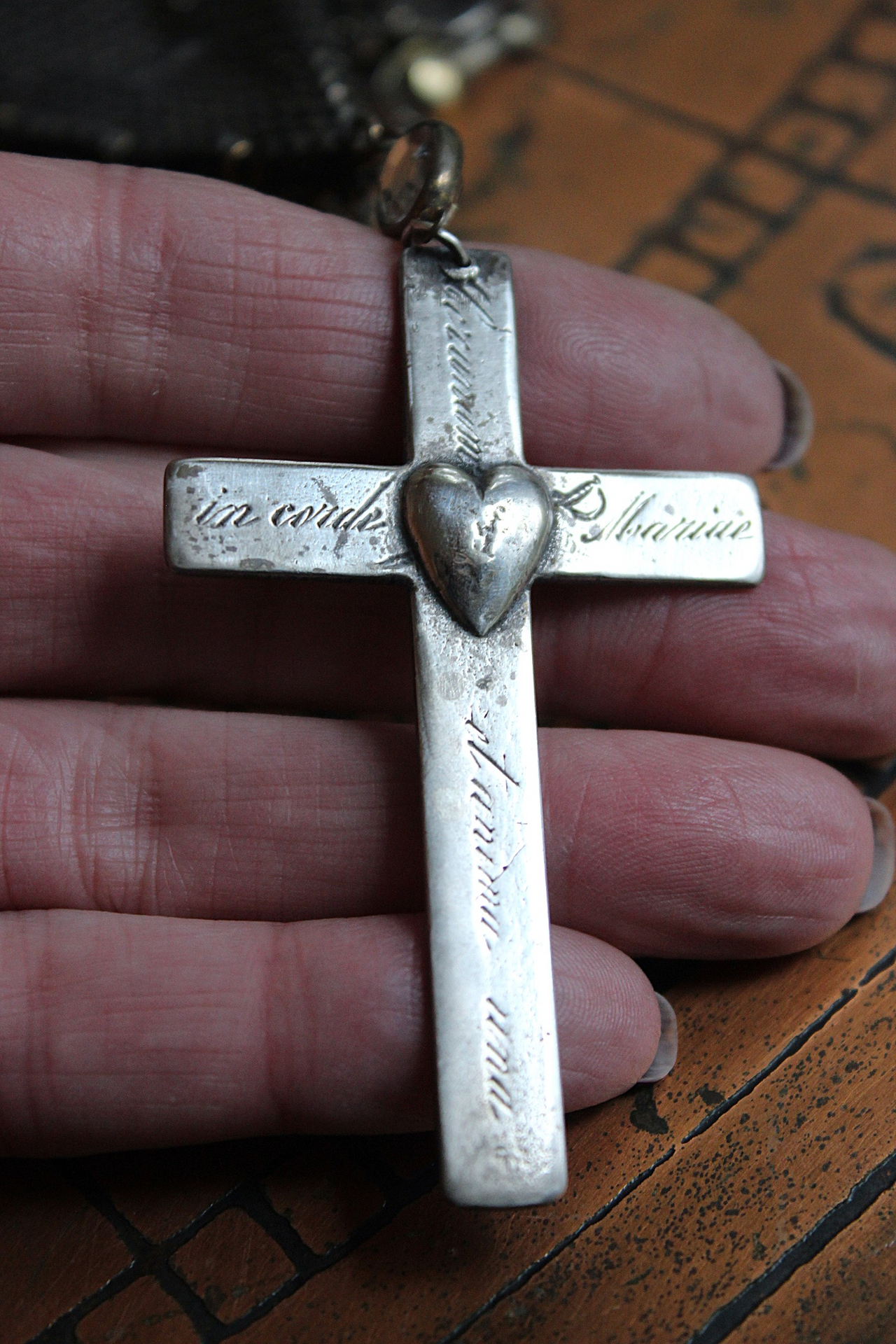 One Heart One Soul Necklace with Antique French Engraved Sacred Heart Cross,Antique Silver W & D Mesh Scarf,Bezel Oval Crystals & More!