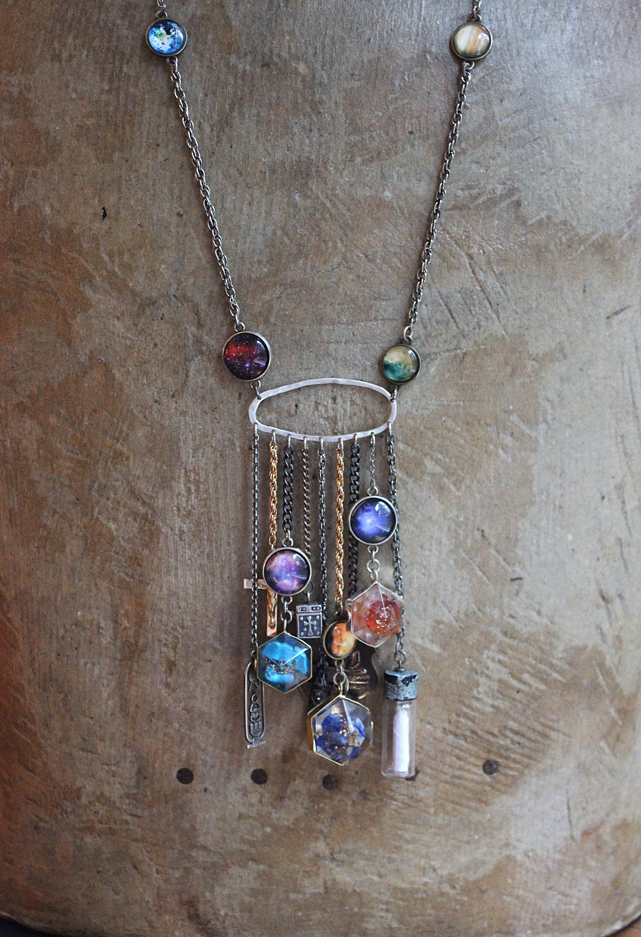 Cosmic Religion Necklace with Galaxy Cabochon Connectors, Orgonite Drops,Multiple Antique Religion Medals,Scroll Vessel