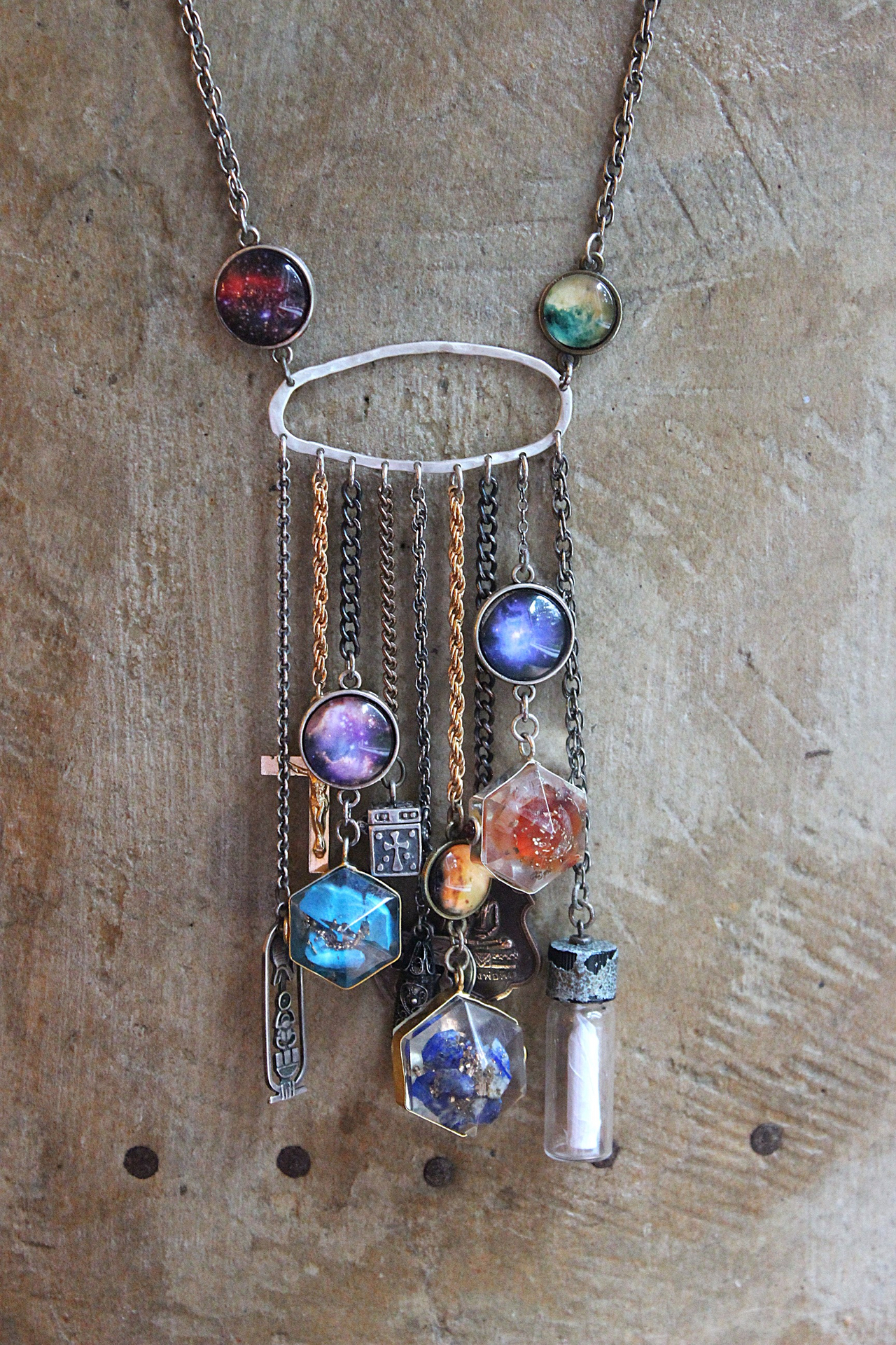 Cosmic Religion Necklace with Galaxy Cabochon Connectors, Orgonite Drops,Multiple Antique Religion Medals,Scroll Vessel