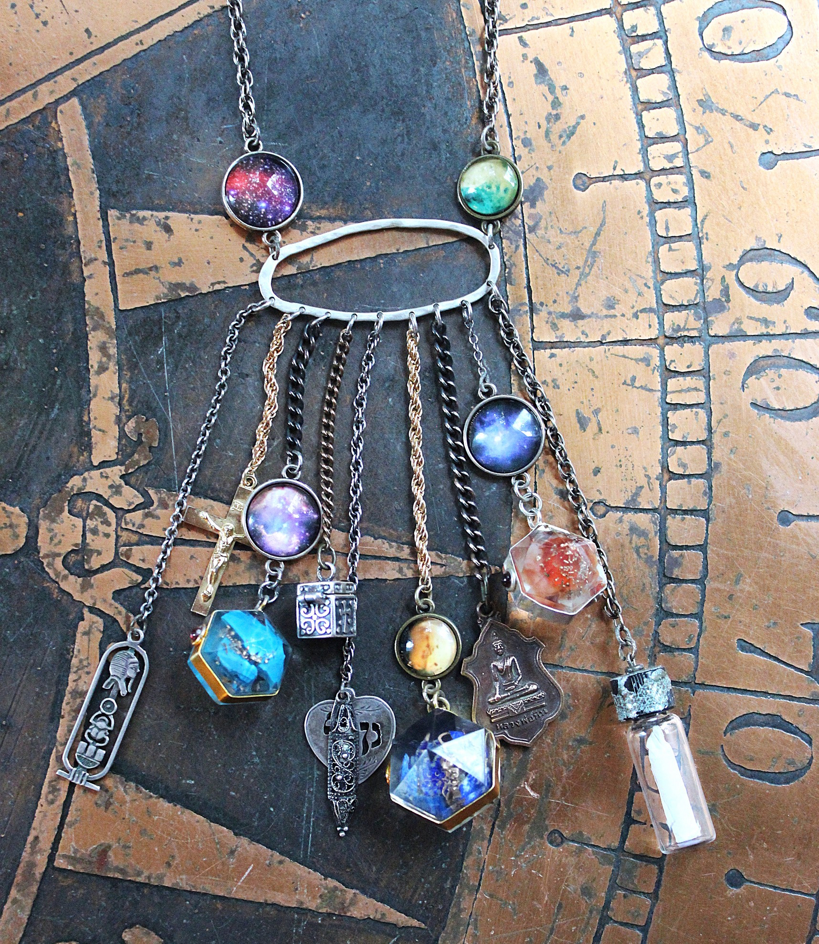 Cosmic Religion Necklace with Galaxy Cabochon Connectors, Orgonite Drops,Multiple Antique Religion Medals,Scroll Vessel