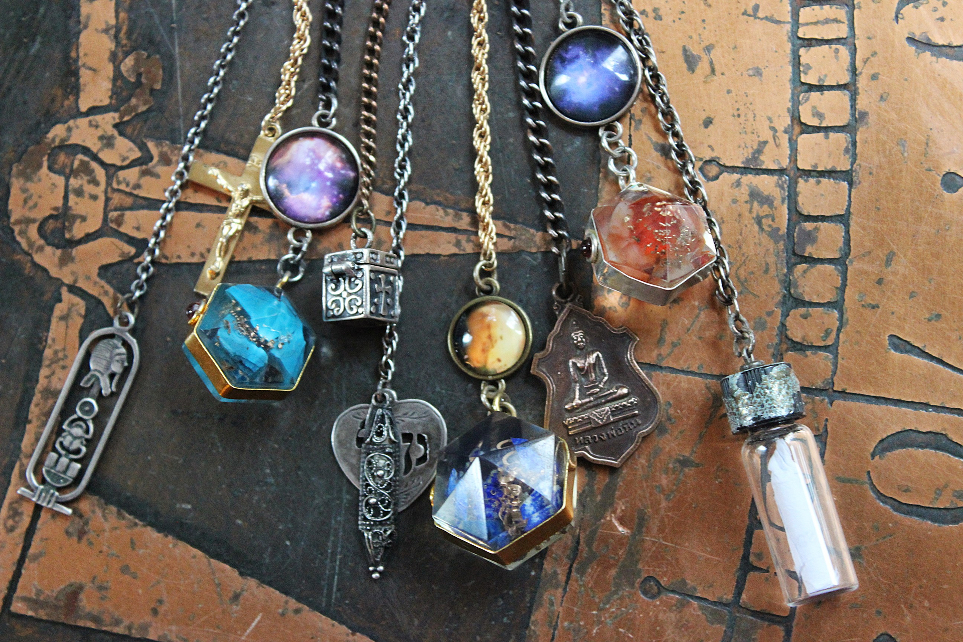 Cosmic Religion Necklace with Galaxy Cabochon Connectors, Orgonite Drops,Multiple Antique Religion Medals,Scroll Vessel