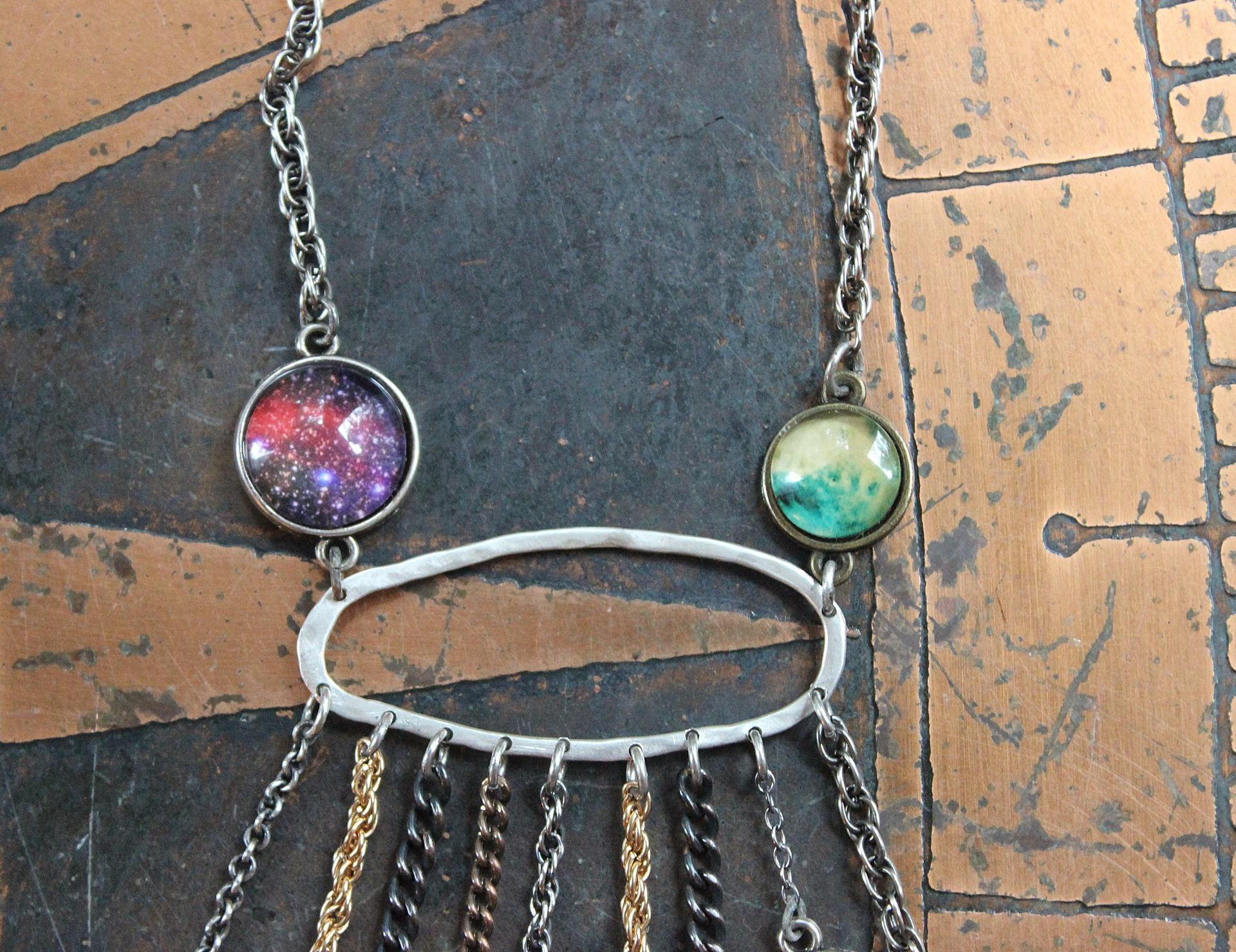 Cosmic Religion Necklace with Galaxy Cabochon Connectors, Orgonite Drops,Multiple Antique Religion Medals,Scroll Vessel