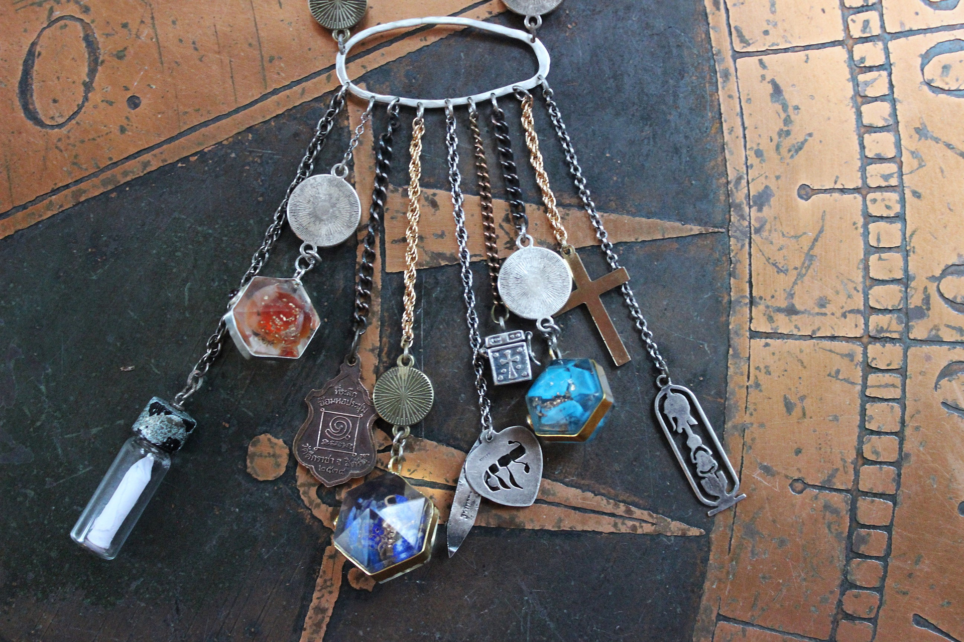 Cosmic Religion Necklace with Galaxy Cabochon Connectors, Orgonite Drops,Multiple Antique Religion Medals,Scroll Vessel