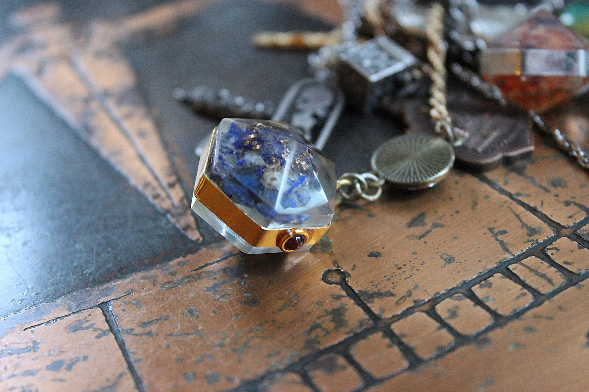 Cosmic Religion Necklace with Galaxy Cabochon Connectors, Orgonite Drops,Multiple Antique Religion Medals,Scroll Vessel