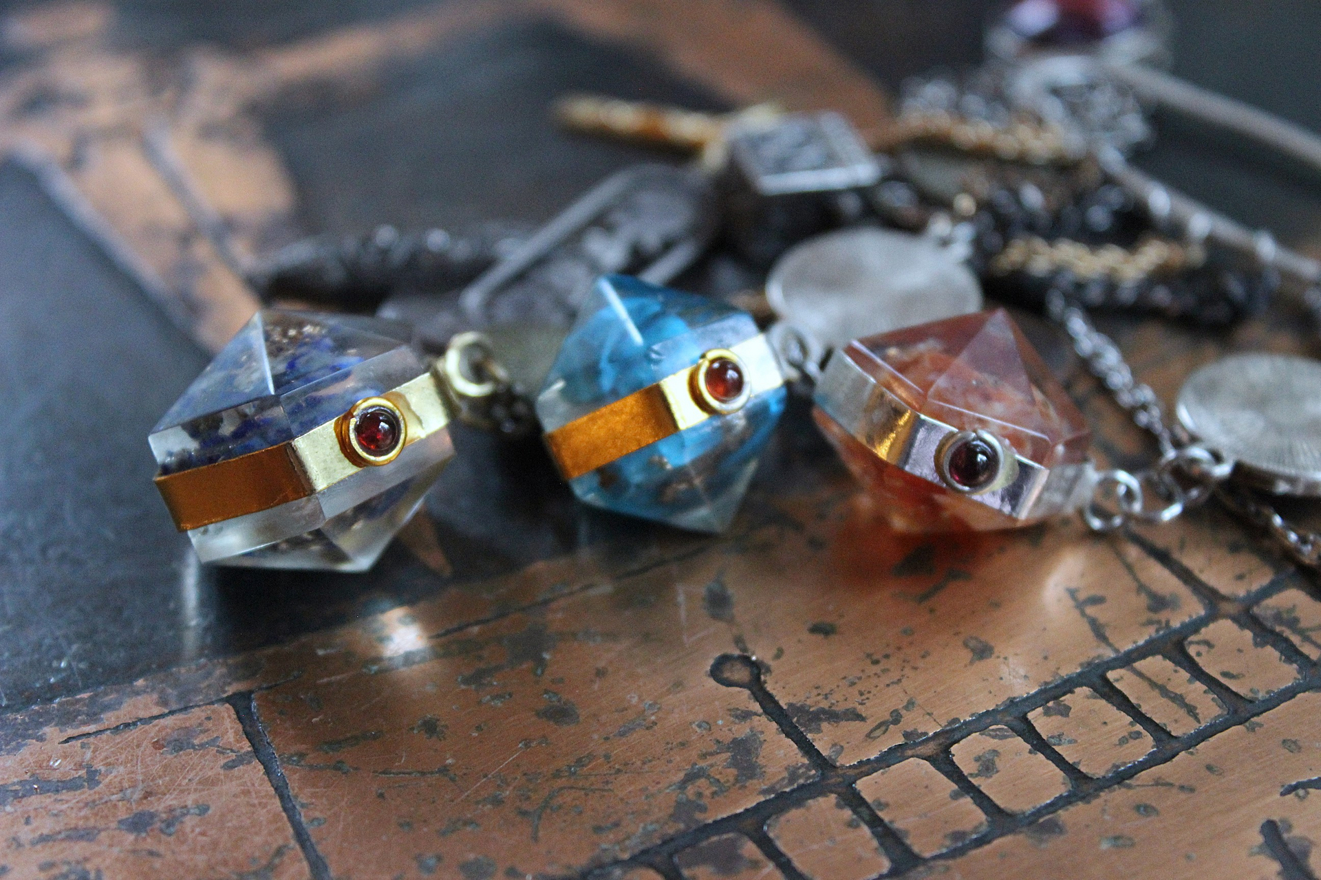 Cosmic Religion Necklace with Galaxy Cabochon Connectors, Orgonite Drops,Multiple Antique Religion Medals,Scroll Vessel