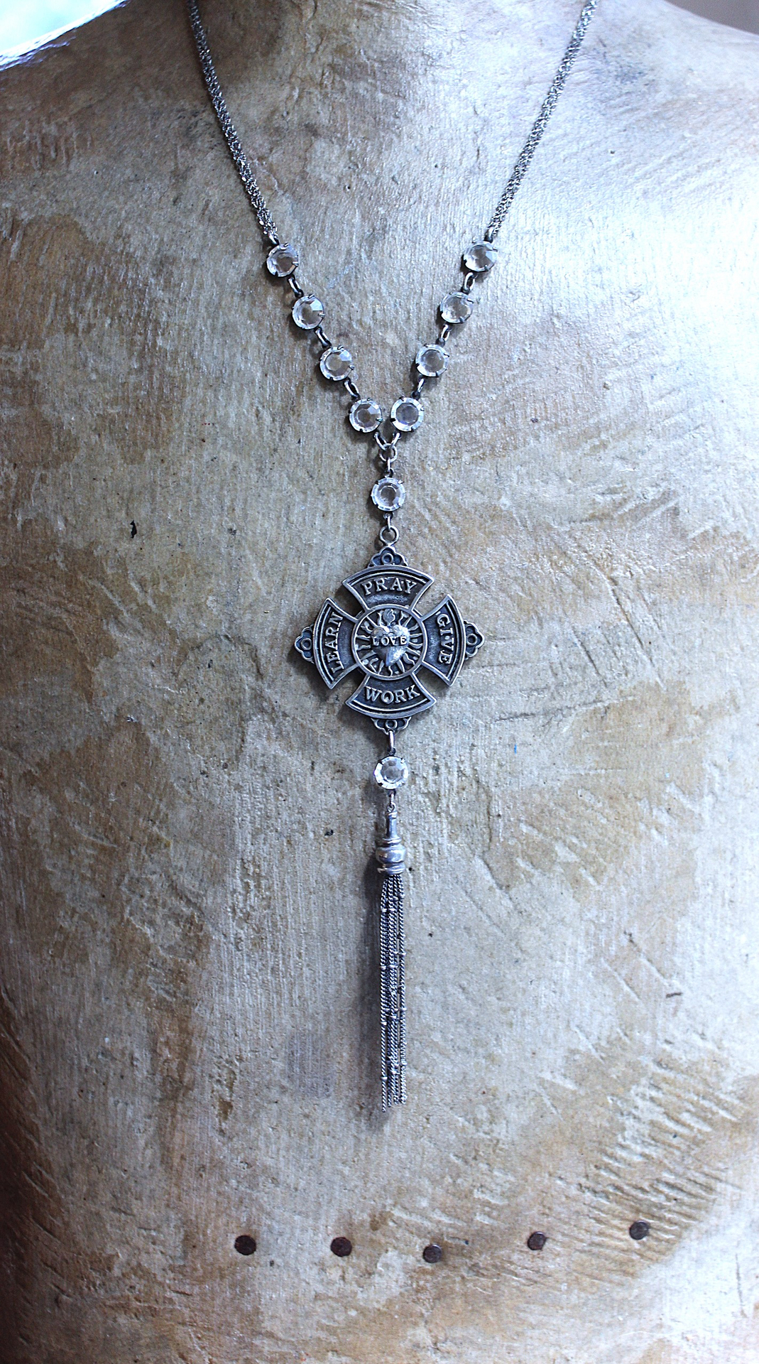 The 5 Tenets Necklace with Rare Sterling Sacred Heart "Love, Pray, Give, Work, Learn" Cross, Faceted Prong & Cup Set Crystals,Sterling Chain & Tassel