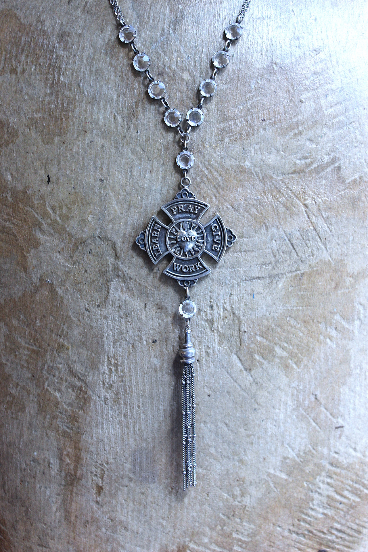 The 5 Tenets Necklace with Rare Sterling Sacred Heart "Love, Pray, Give, Work, Learn" Cross, Faceted Prong & Cup Set Crystals,Sterling Chain & Tassel