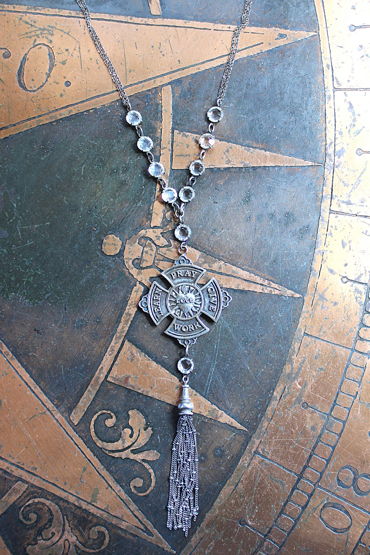 The 5 Tenets Necklace with Rare Sterling Sacred Heart "Love, Pray, Give, Work, Learn" Cross, Faceted Prong & Cup Set Crystals,Sterling Chain & Tassel