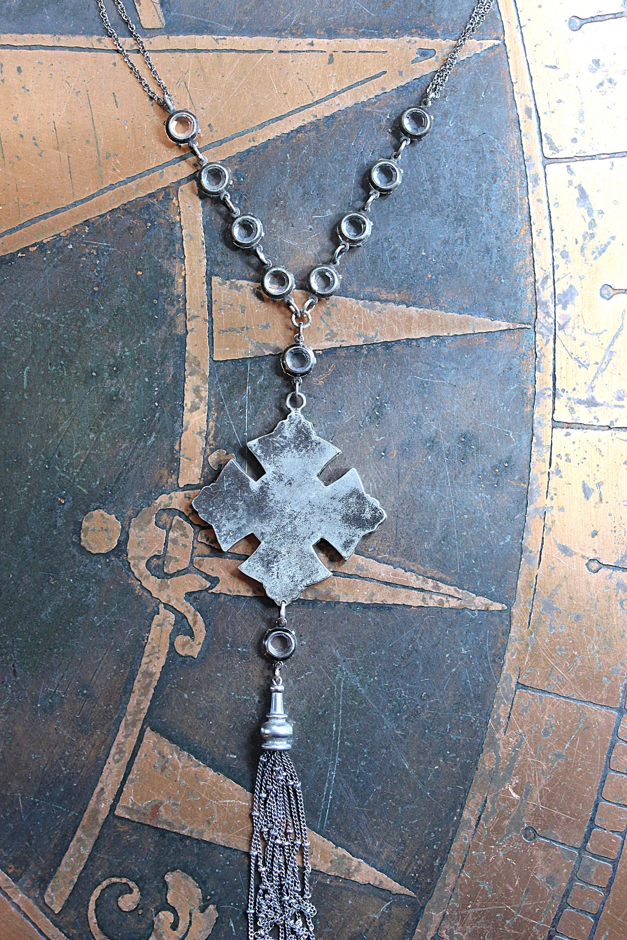 The 5 Tenets Necklace with Rare Sterling Sacred Heart "Love, Pray, Give, Work, Learn" Cross, Faceted Prong & Cup Set Crystals,Sterling Chain & Tassel