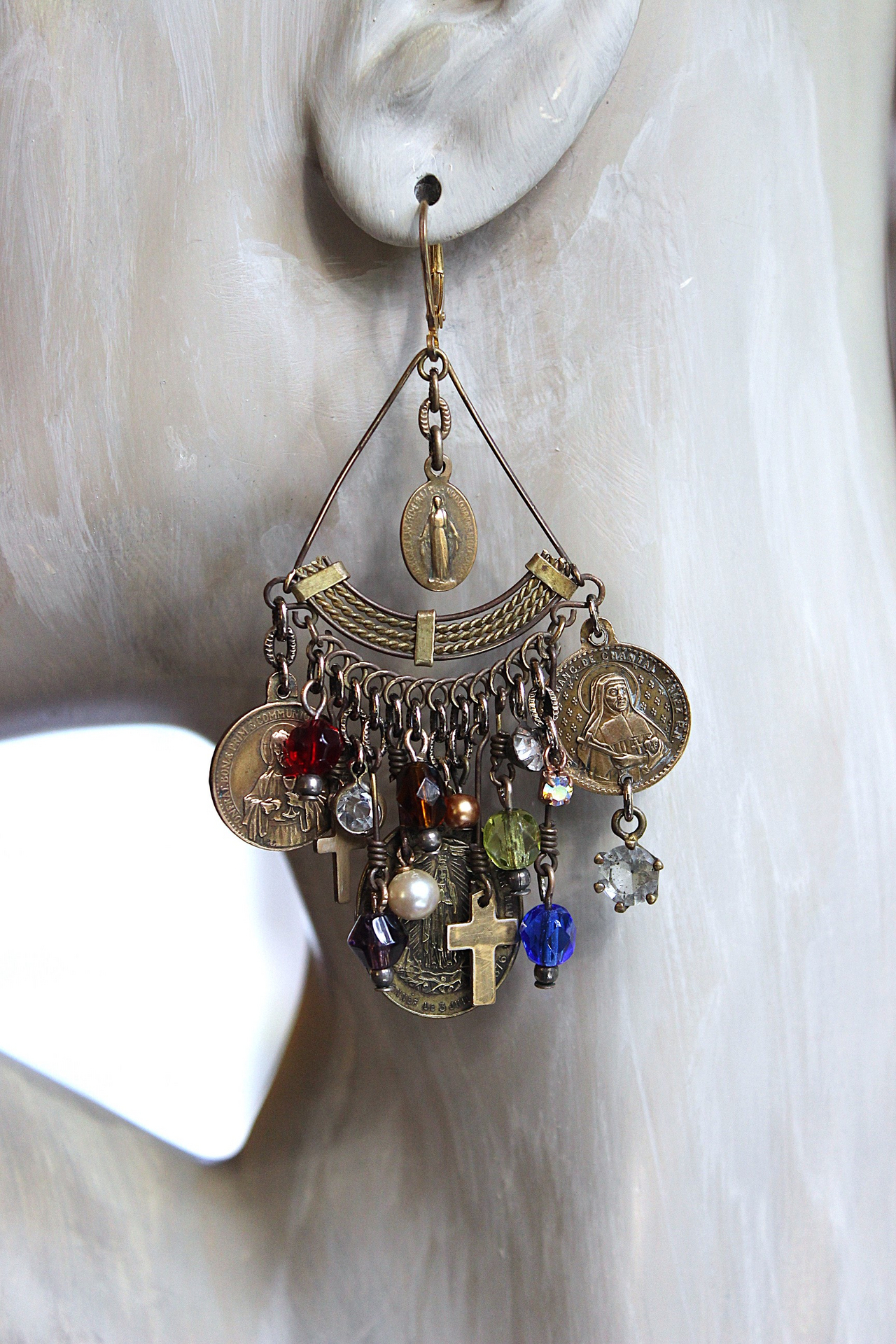 NEW! Asymmetrical Earrings with Antique French Rosary Connector & Medals, Multiple Faceted Bead Dangles,Antique Faceted Crystals and Crosses