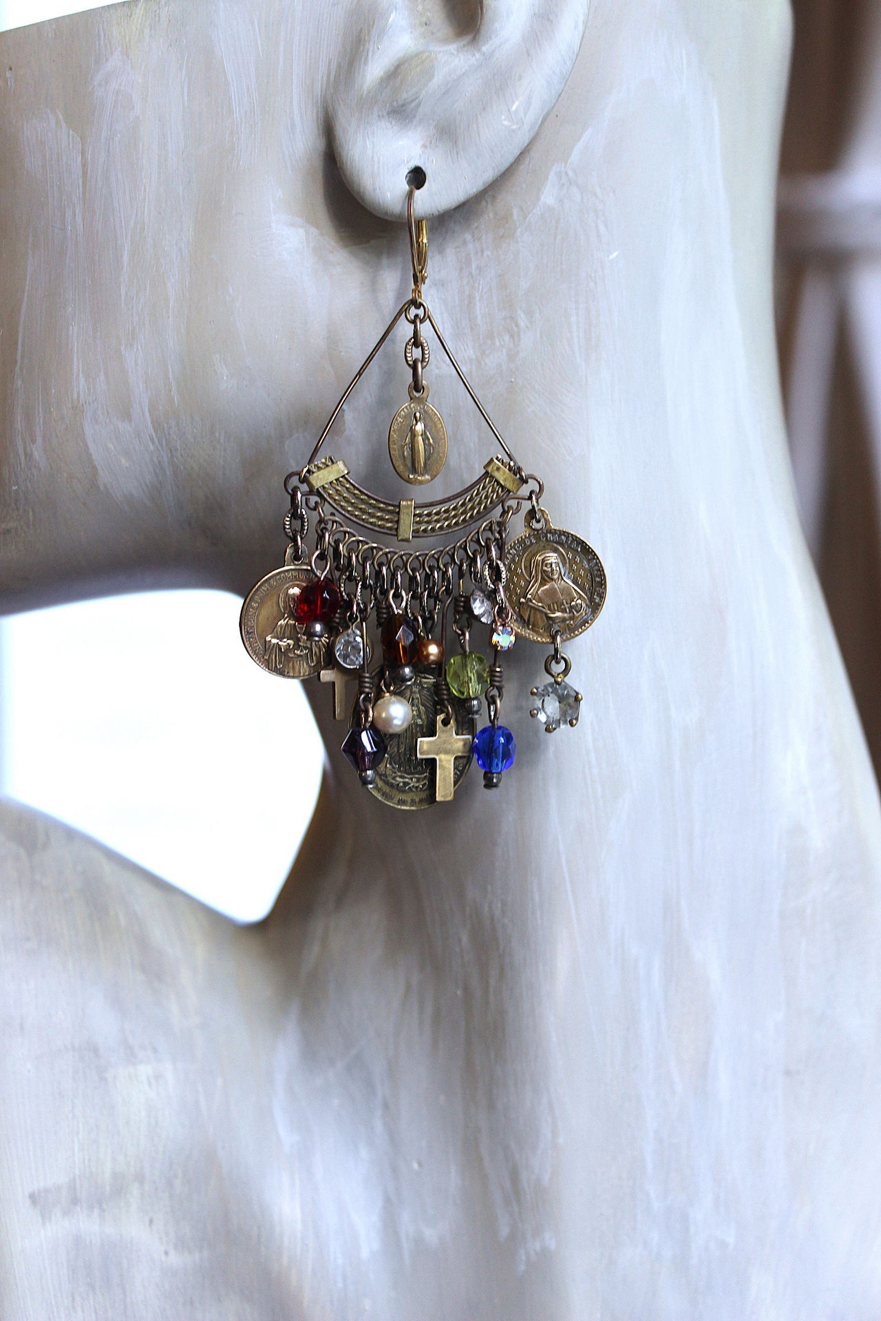NEW! Asymmetrical Earrings with Antique French Rosary Connector & Medals, Multiple Faceted Bead Dangles,Antique Faceted Crystals and Crosses