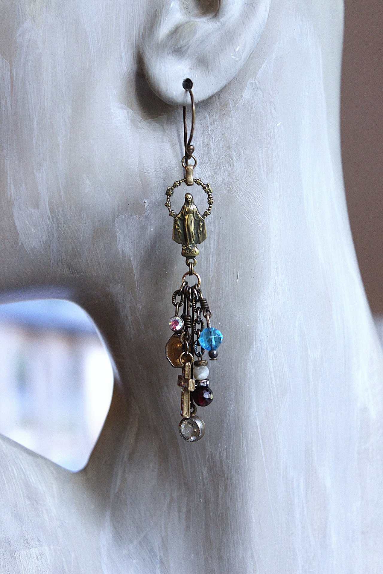 NEW! Asymmetrical Earrings with Antique French Rosary Connector & Medals, Multiple Faceted Bead Dangles,Antique Faceted Crystals and Crosses