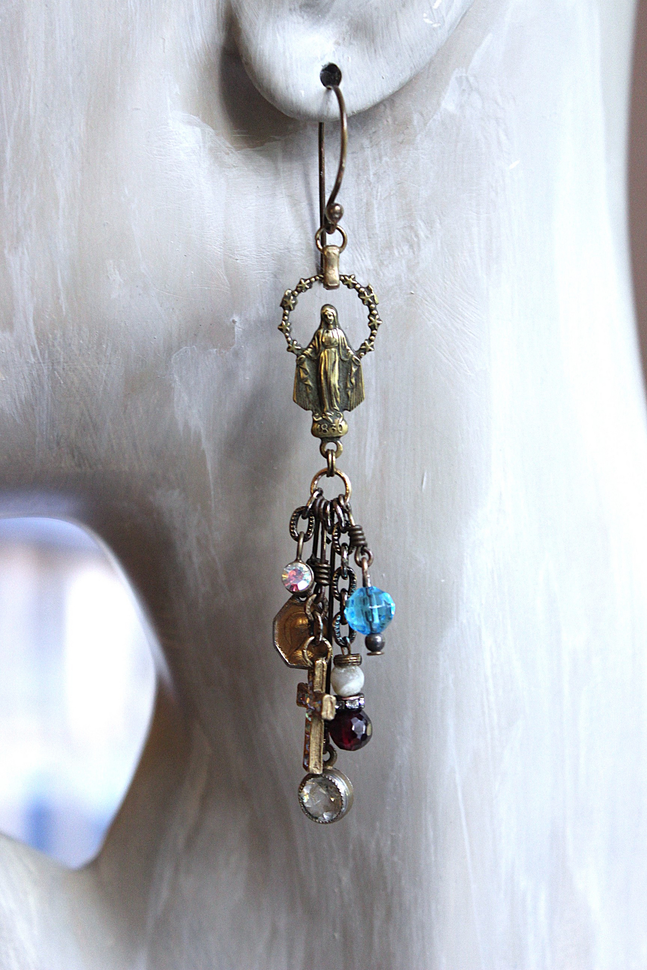 NEW! Asymmetrical Earrings with Antique French Rosary Connector & Medals, Multiple Faceted Bead Dangles,Antique Faceted Crystals and Crosses