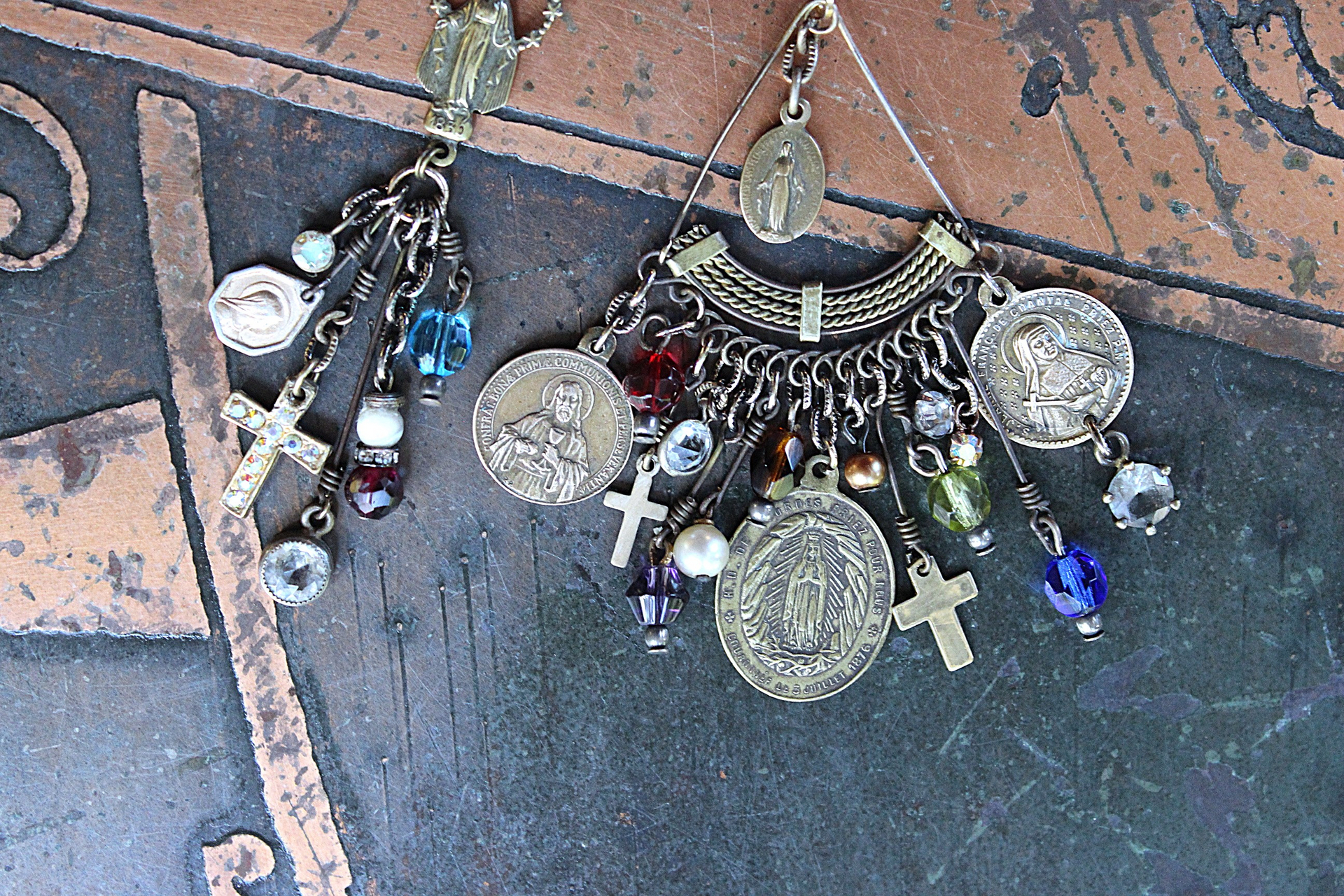 NEW! Asymmetrical Earrings with Antique French Rosary Connector & Medals, Multiple Faceted Bead Dangles,Antique Faceted Crystals and Crosses