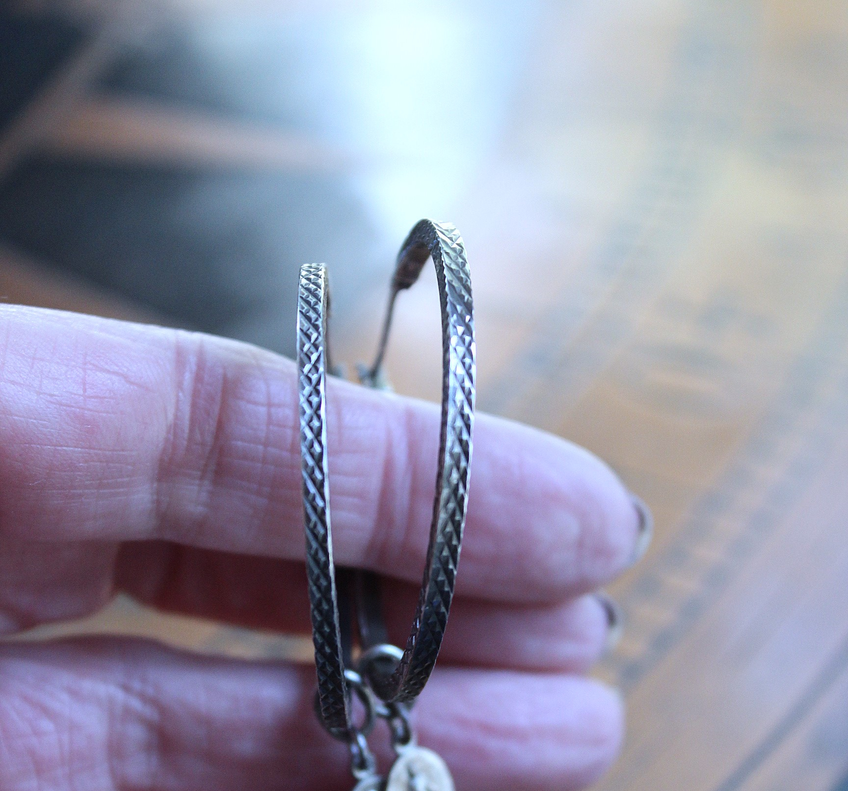 Unique Sterling 1 1/2 inch Hoop Earrings w/Engraved Hatch Design, Removable Tiny Antique Marian Medals & Sterling Bar Link Drop