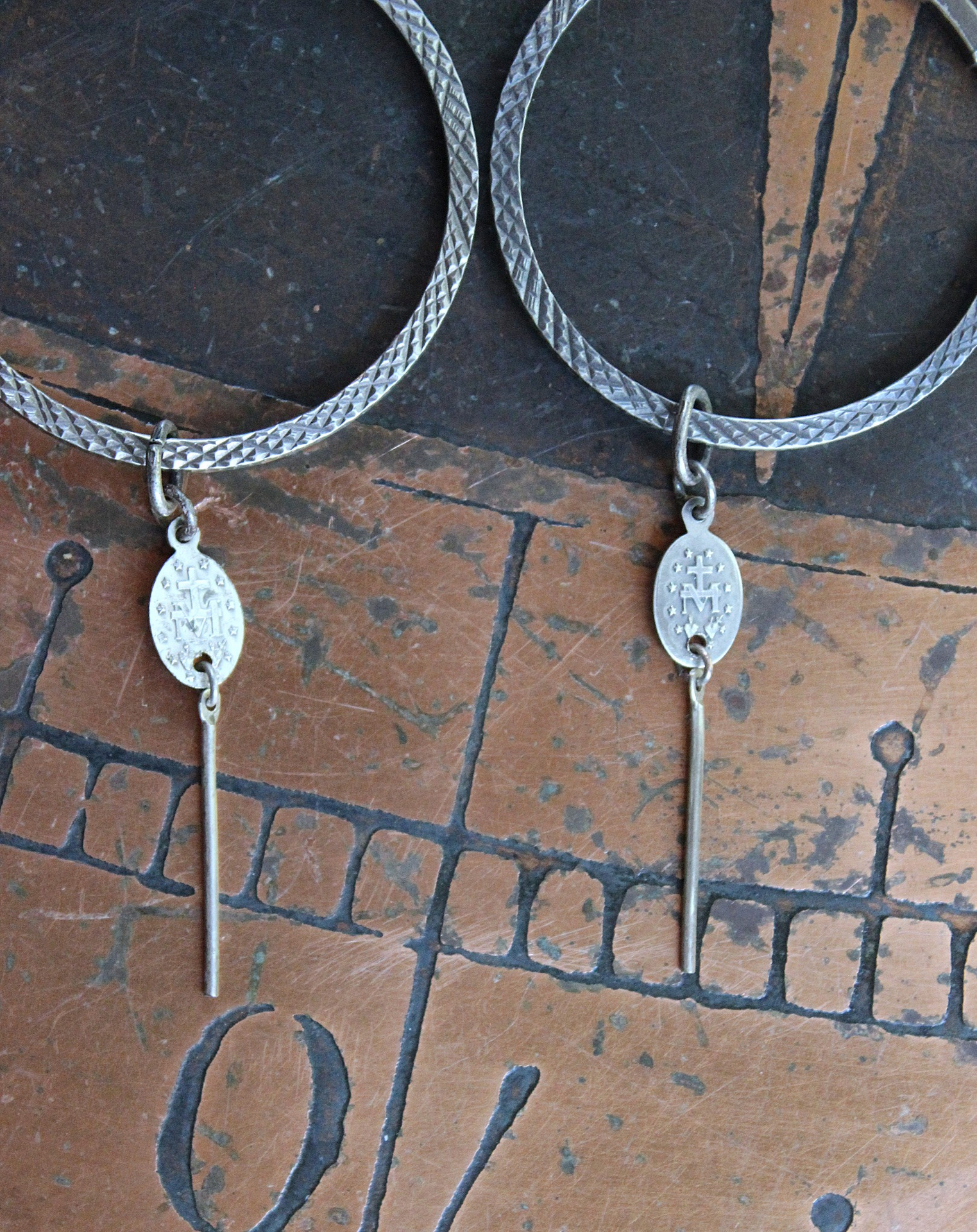 Unique Sterling 1 1/2 inch Hoop Earrings w/Engraved Hatch Design, Removable Tiny Antique Marian Medals & Sterling Bar Link Drop