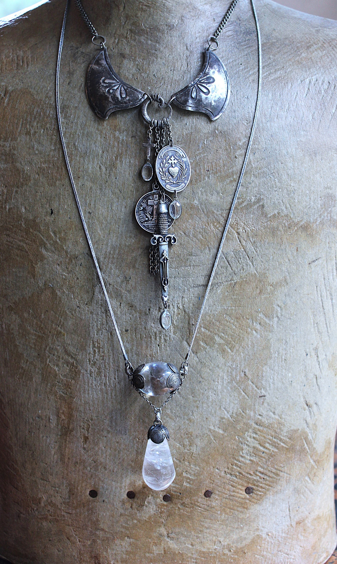 Be a Light Necklace with Unusual Antique Victorian Sterling Capped Clear Rock Quartz Findings, Sterling Capped Antique French Braided Real Metal Trim Chain