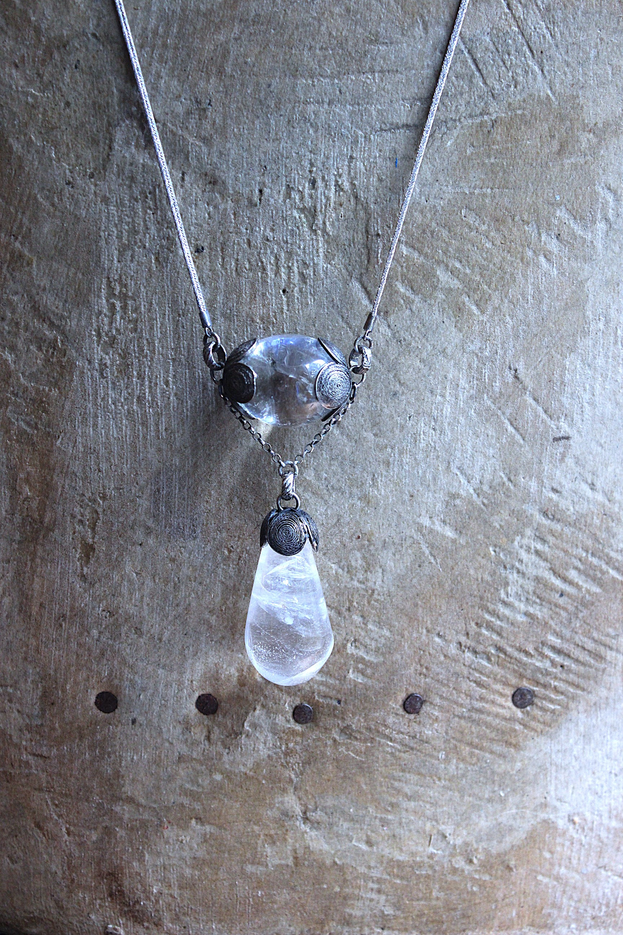 Be a Light Necklace with Unusual Antique Victorian Sterling Capped Clear Rock Quartz Findings, Sterling Capped Antique French Braided Real Metal Trim Chain