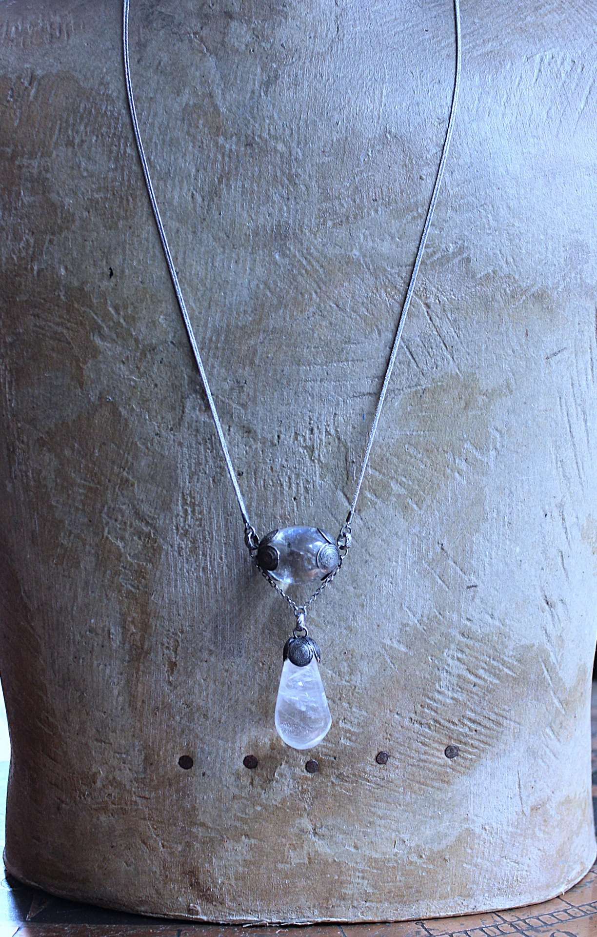 Be a Light Necklace with Unusual Antique Victorian Sterling Capped Clear Rock Quartz Findings, Sterling Capped Antique French Braided Real Metal Trim Chain