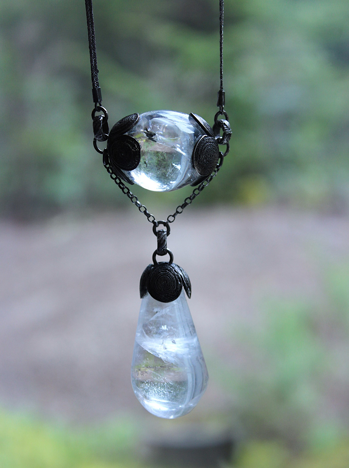 Be a Light Necklace with Unusual Antique Victorian Sterling Capped Clear Rock Quartz Findings, Sterling Capped Antique French Braided Real Metal Trim Chain