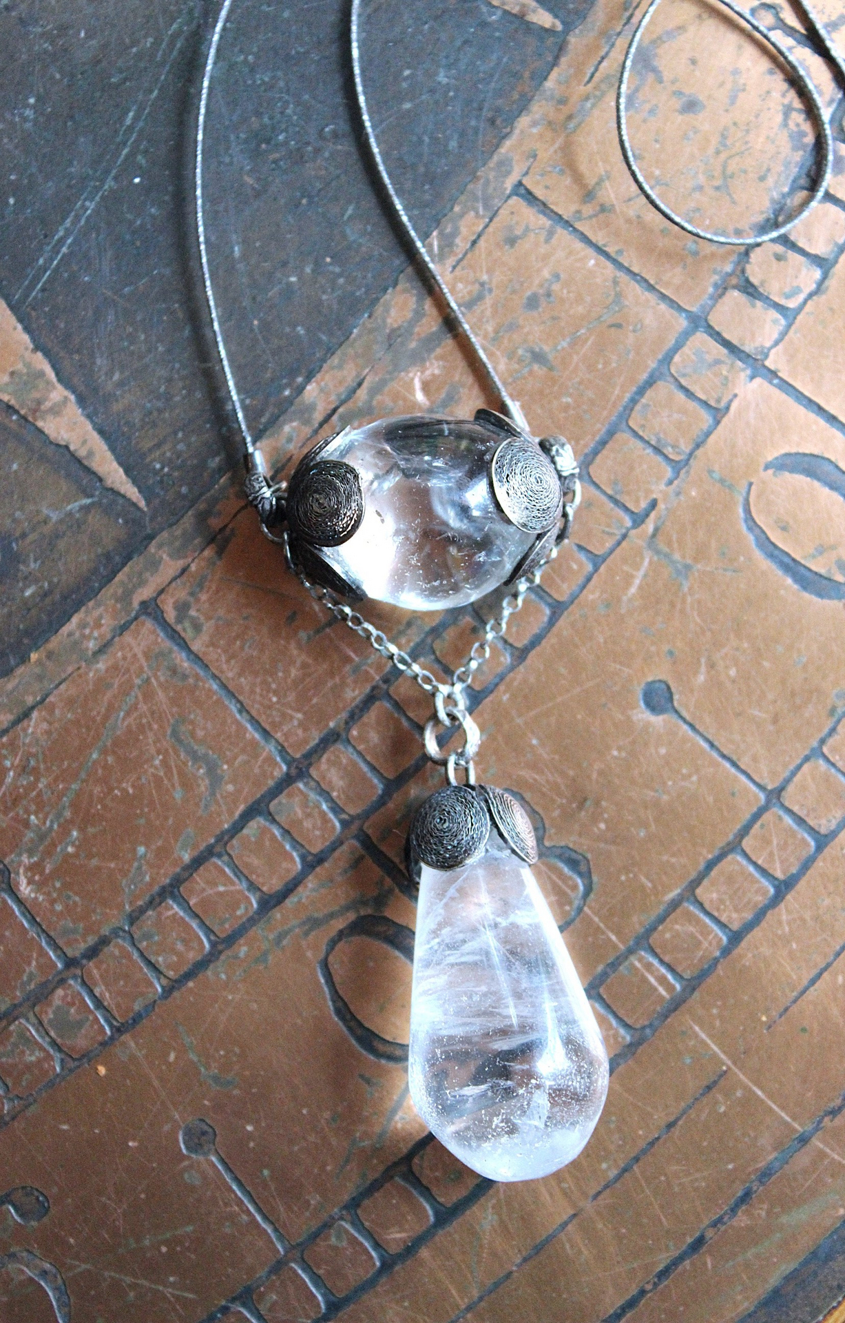 Be a Light Necklace with Unusual Antique Victorian Sterling Capped Clear Rock Quartz Findings, Sterling Capped Antique French Braided Real Metal Trim Chain