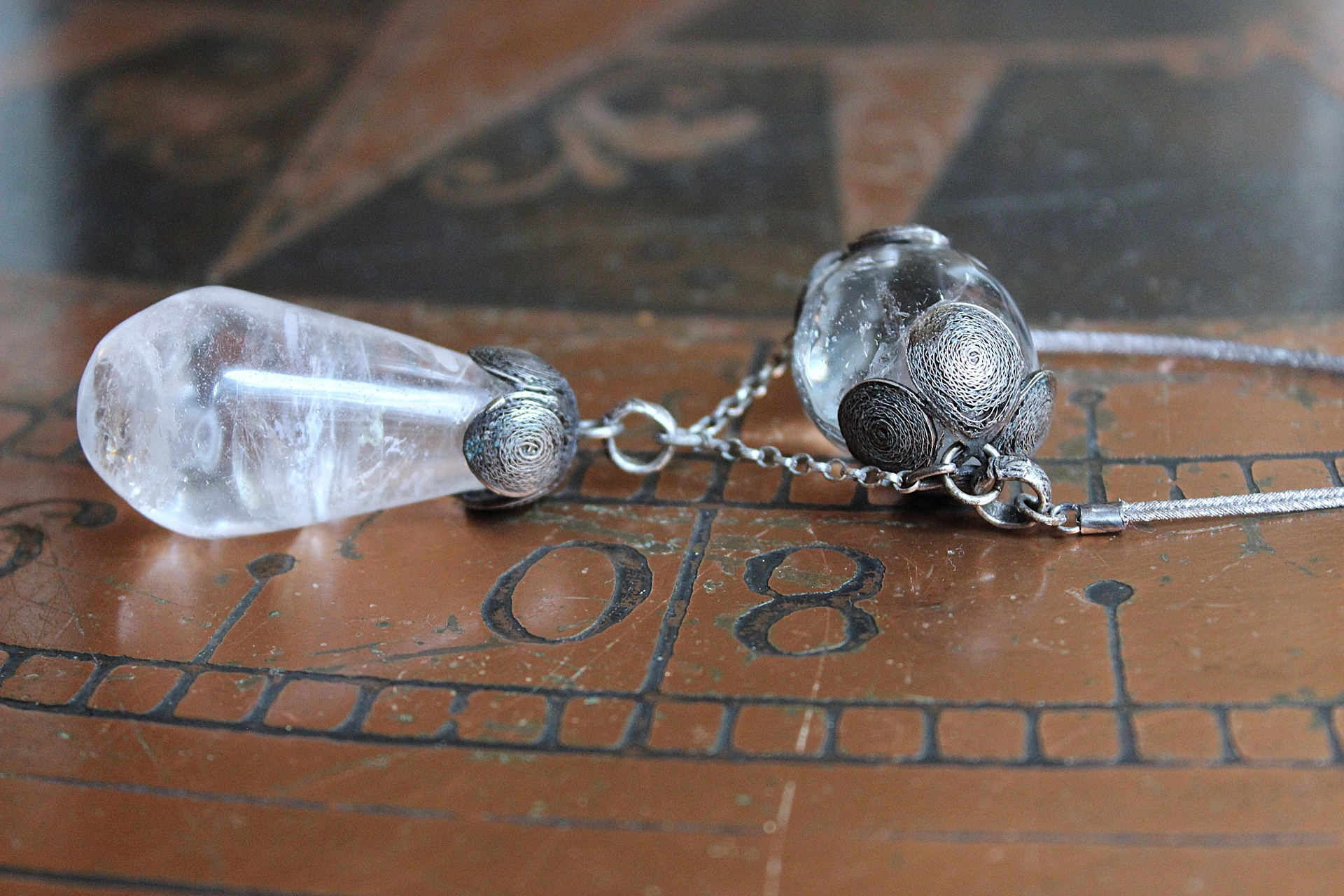 Be a Light Necklace with Unusual Antique Victorian Sterling Capped Clear Rock Quartz Findings, Sterling Capped Antique French Braided Real Metal Trim Chain