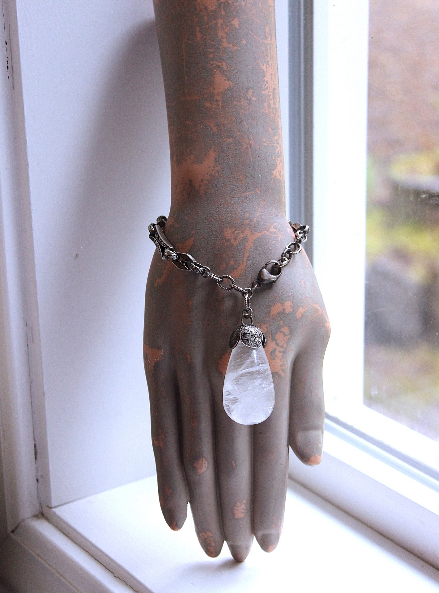 Be a Light Bracelet with Antique Victorian Sterling Capped Clear Rock Quartz Tear Drop and Antique Sterling Embossed Links