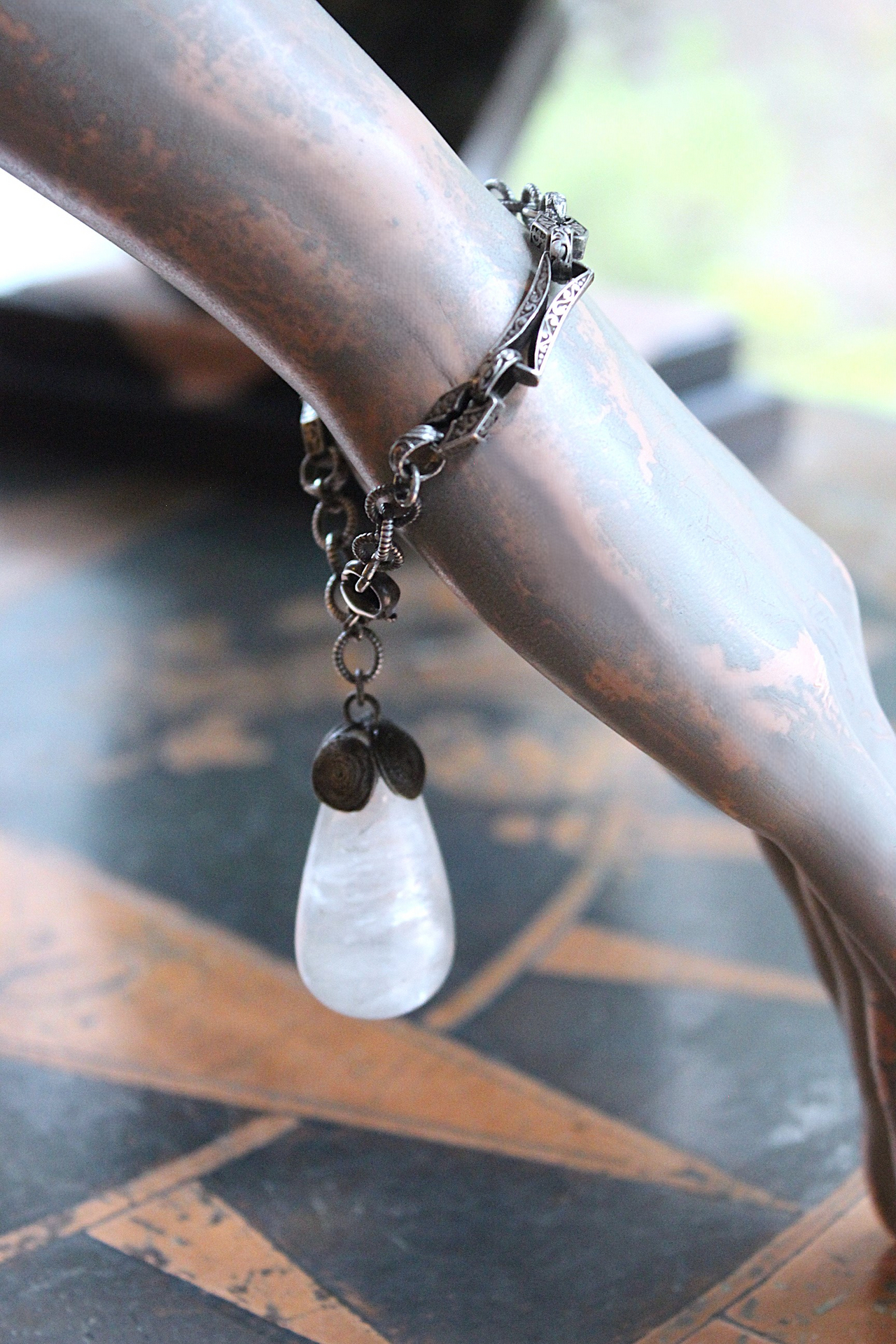 Be a Light Bracelet with Antique Victorian Sterling Capped Clear Rock Quartz Tear Drop and Antique Sterling Embossed Links