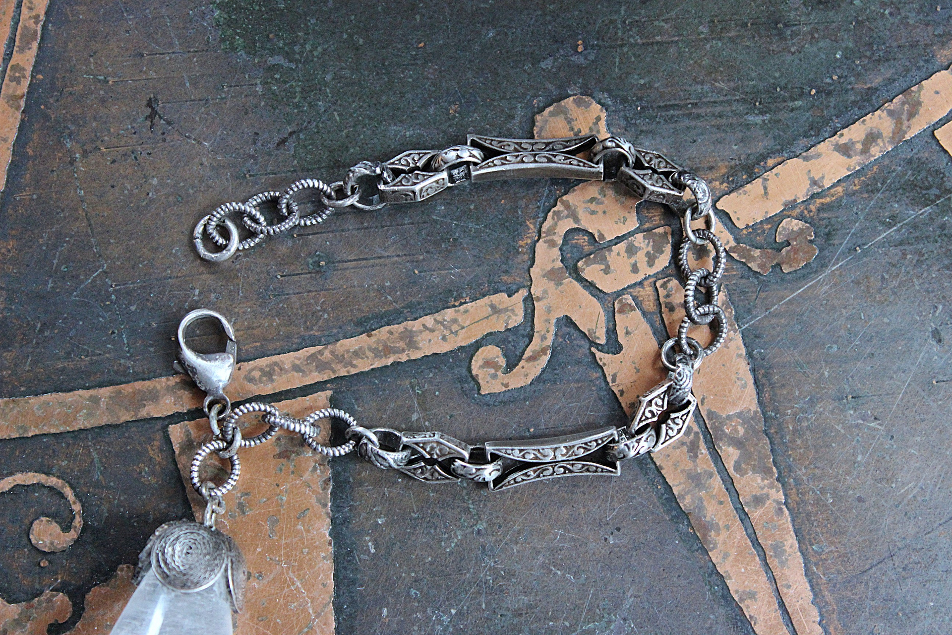 Be a Light Bracelet with Antique Victorian Sterling Capped Clear Rock Quartz Tear Drop and Antique Sterling Embossed Links