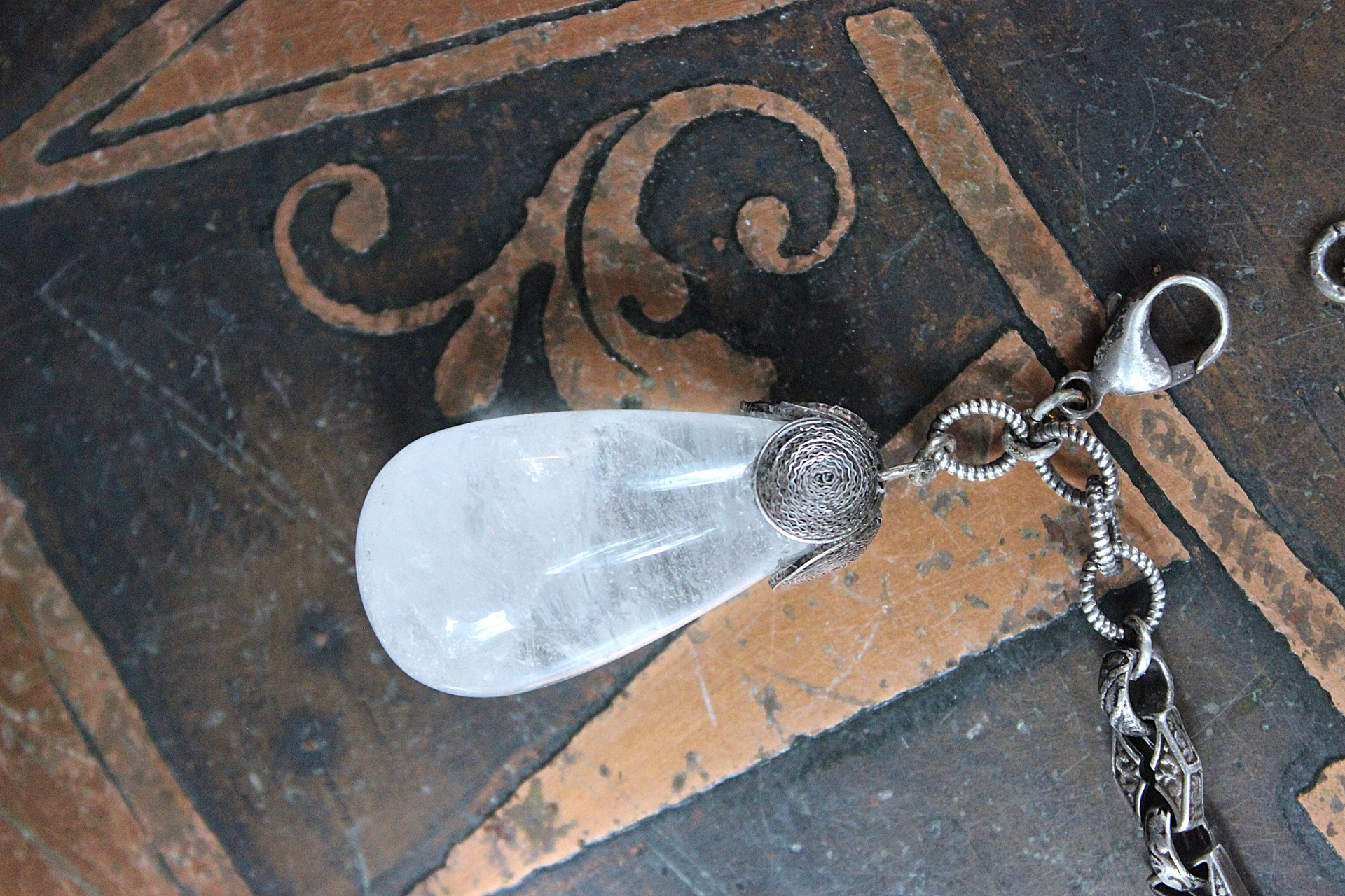 Be a Light Bracelet with Antique Victorian Sterling Capped Clear Rock Quartz Tear Drop and Antique Sterling Embossed Links