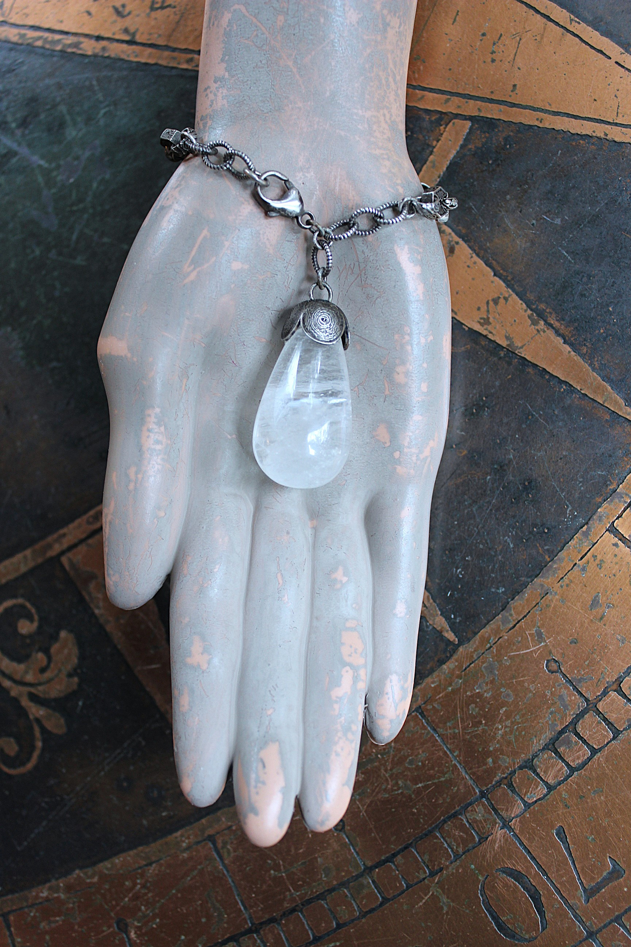 Be a Light Bracelet with Antique Victorian Sterling Capped Clear Rock Quartz Tear Drop and Antique Sterling Embossed Links