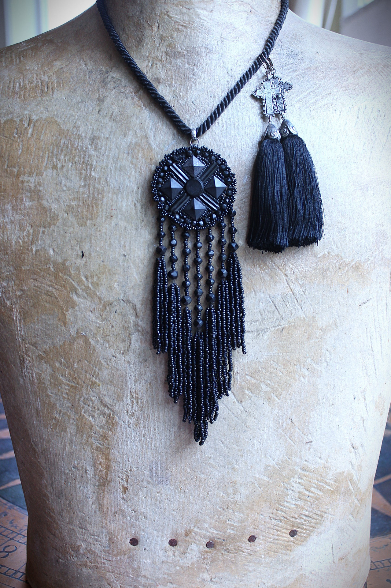 The Sorrow Necklace and Earring Set w/Antique Mourning Pendant,Antique French Engraved Crosses,Sterling Rose Capped Silk Tassels