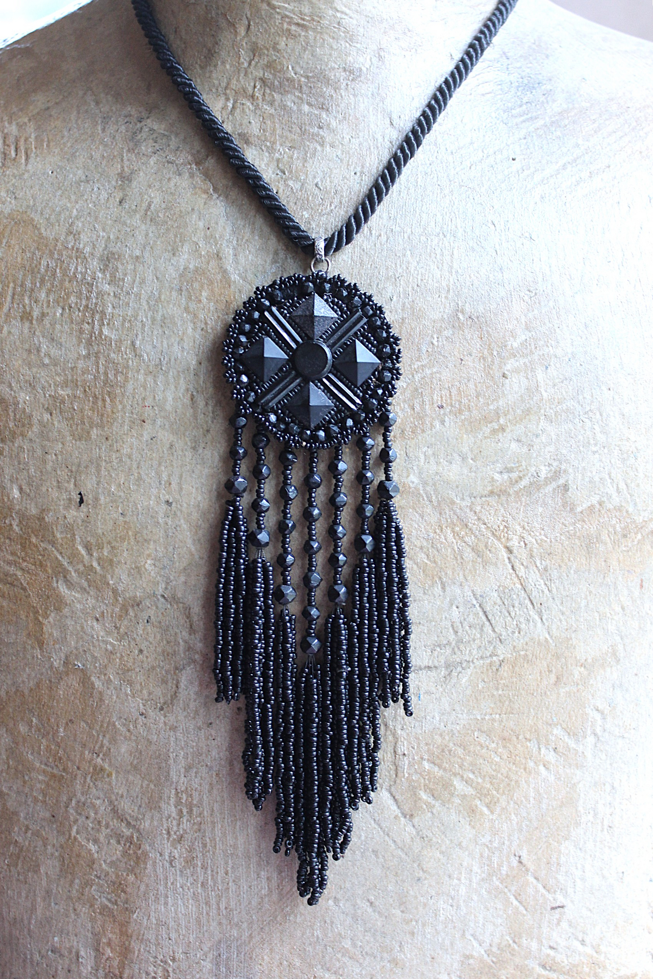 The Sorrow Necklace and Earring Set w/Antique Mourning Pendant,Antique French Engraved Crosses,Sterling Rose Capped Silk Tassels