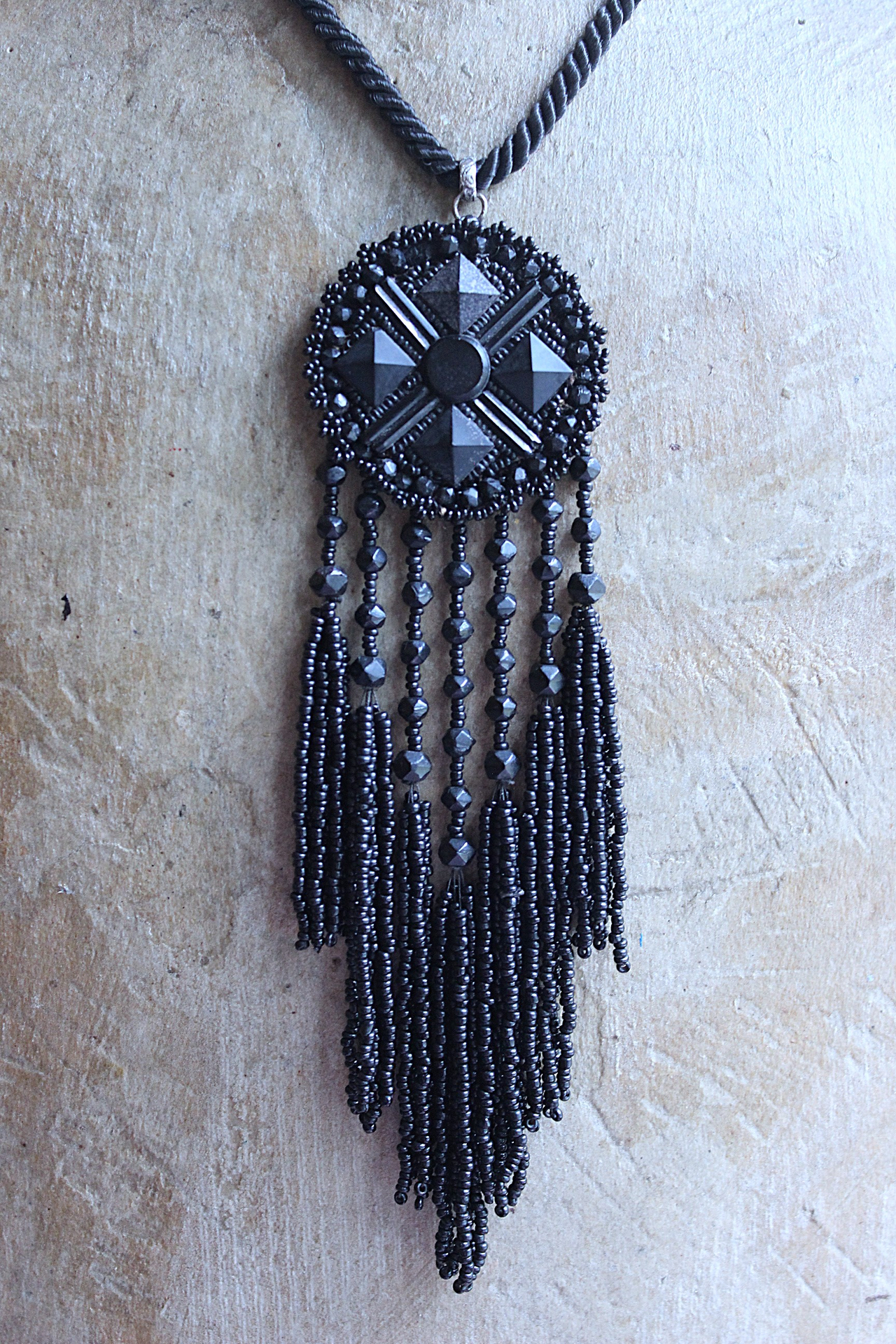 The Sorrow Necklace and Earring Set w/Antique Mourning Pendant,Antique French Engraved Crosses,Sterling Rose Capped Silk Tassels