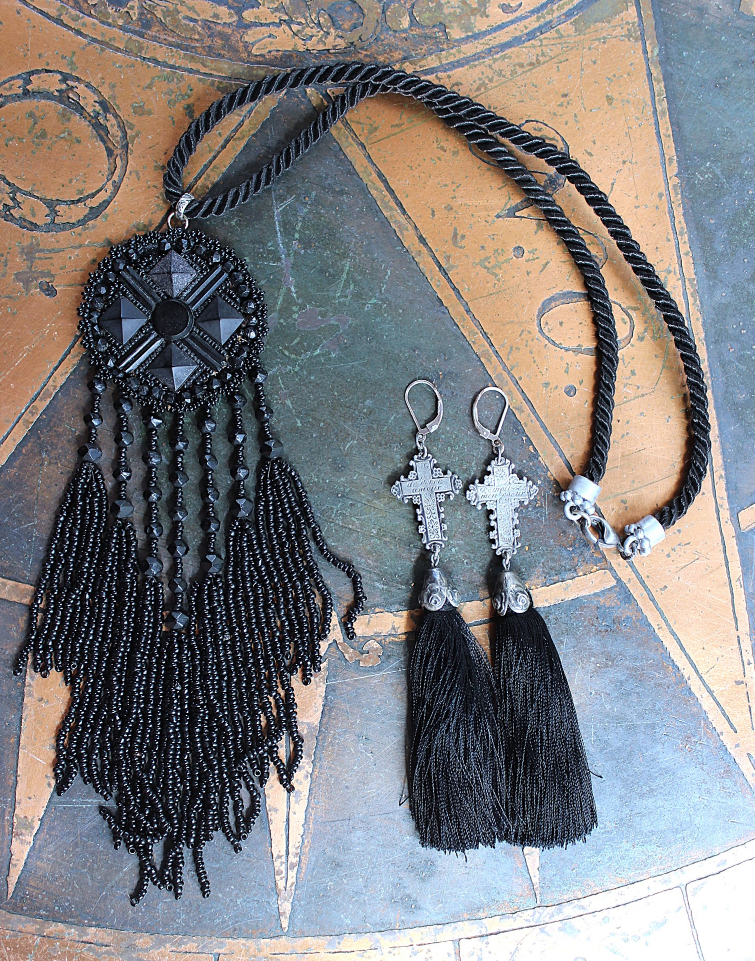 The Sorrow Necklace and Earring Set w/Antique Mourning Pendant,Antique French Engraved Crosses,Sterling Rose Capped Silk Tassels