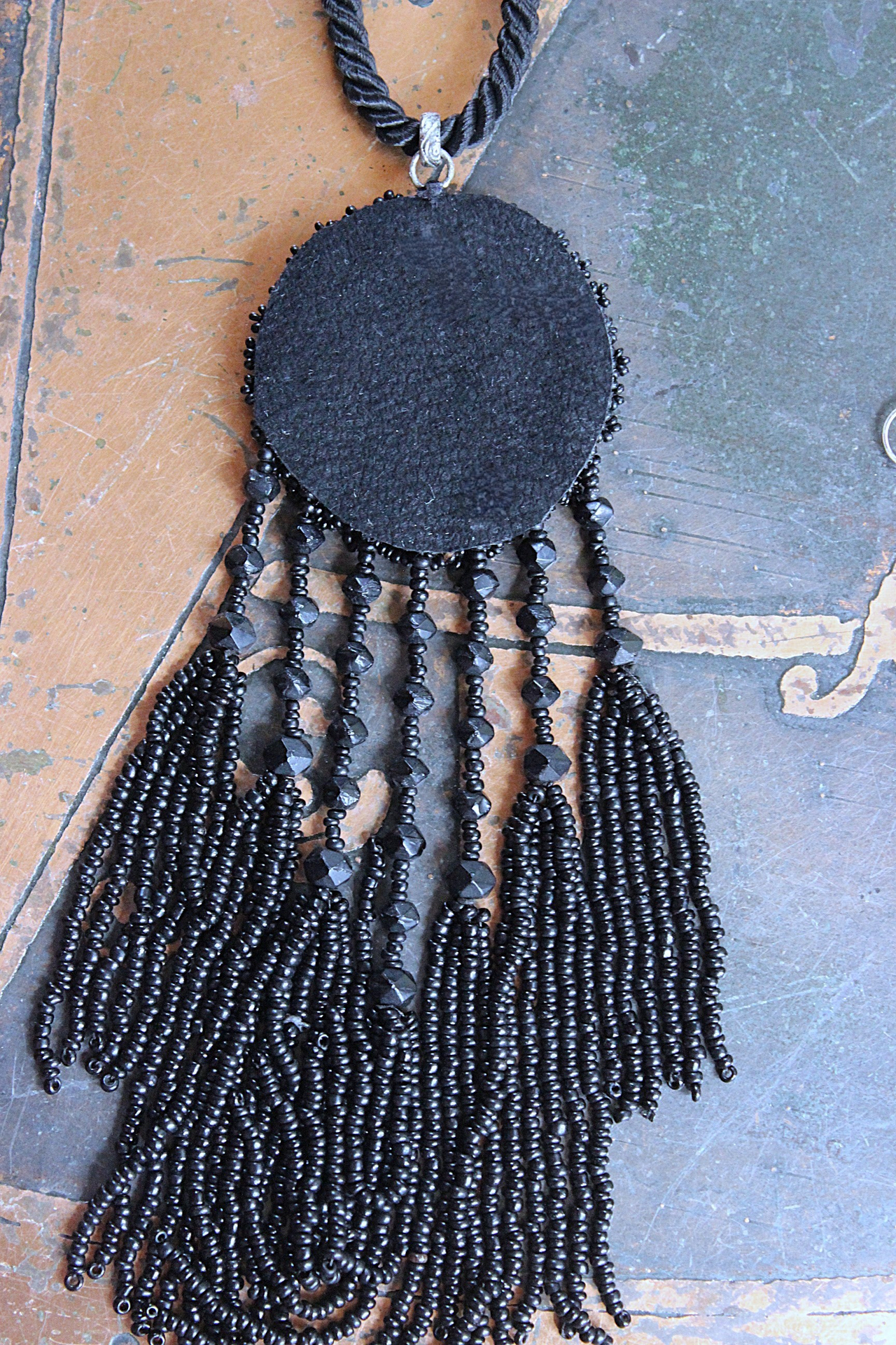 The Sorrow Necklace and Earring Set w/Antique Mourning Pendant,Antique French Engraved Crosses,Sterling Rose Capped Silk Tassels