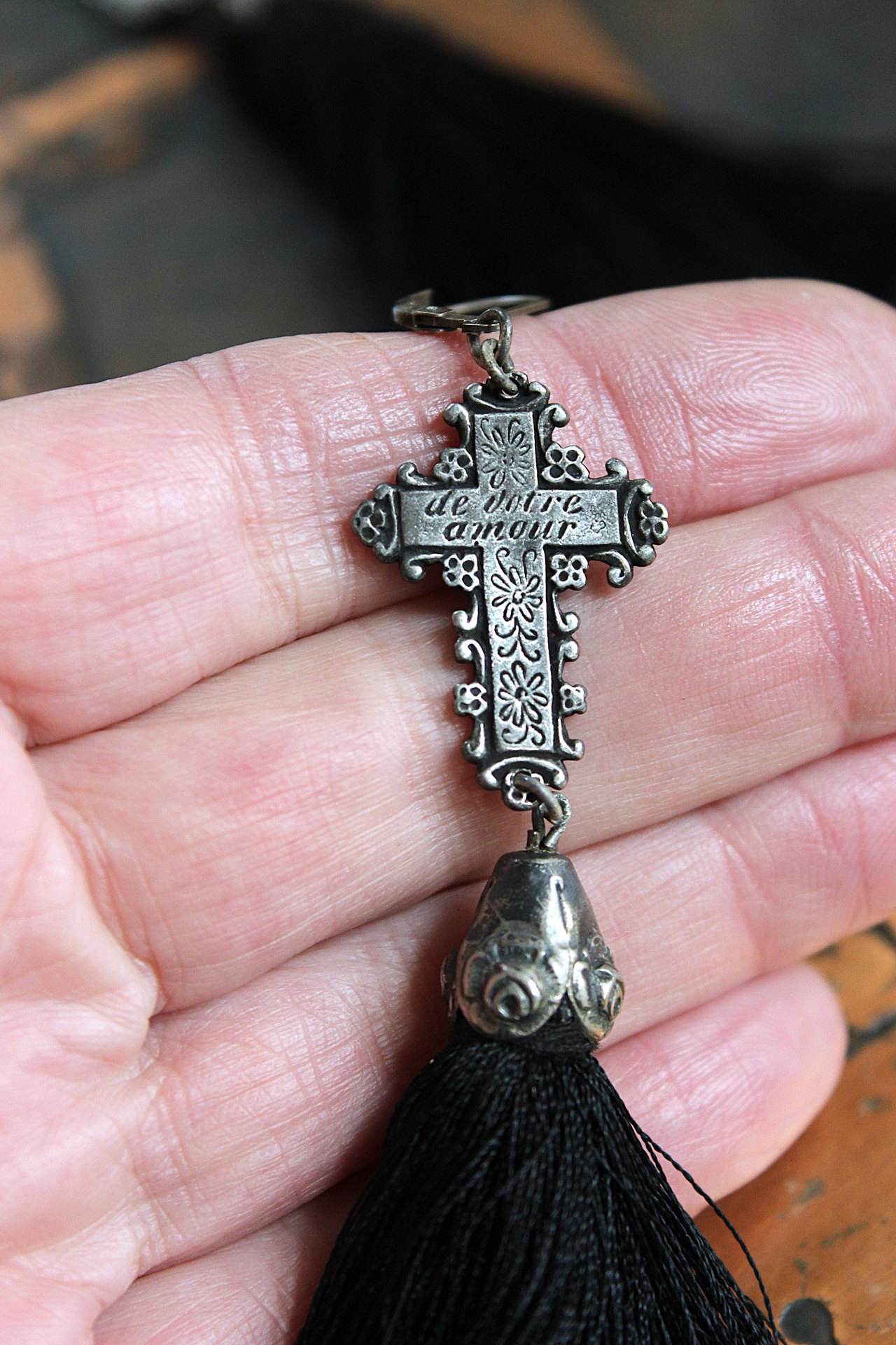 The Sorrow Necklace and Earring Set w/Antique Mourning Pendant,Antique French Engraved Crosses,Sterling Rose Capped Silk Tassels